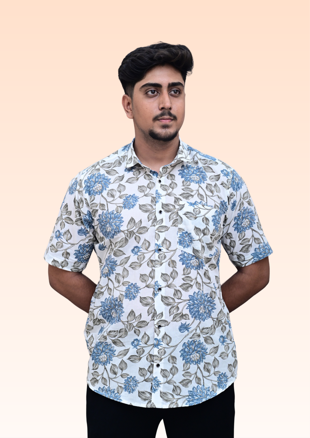 Men’s White & Blue Floral Printed Casual Shirt – Premium Summer Fit Half Sleeve