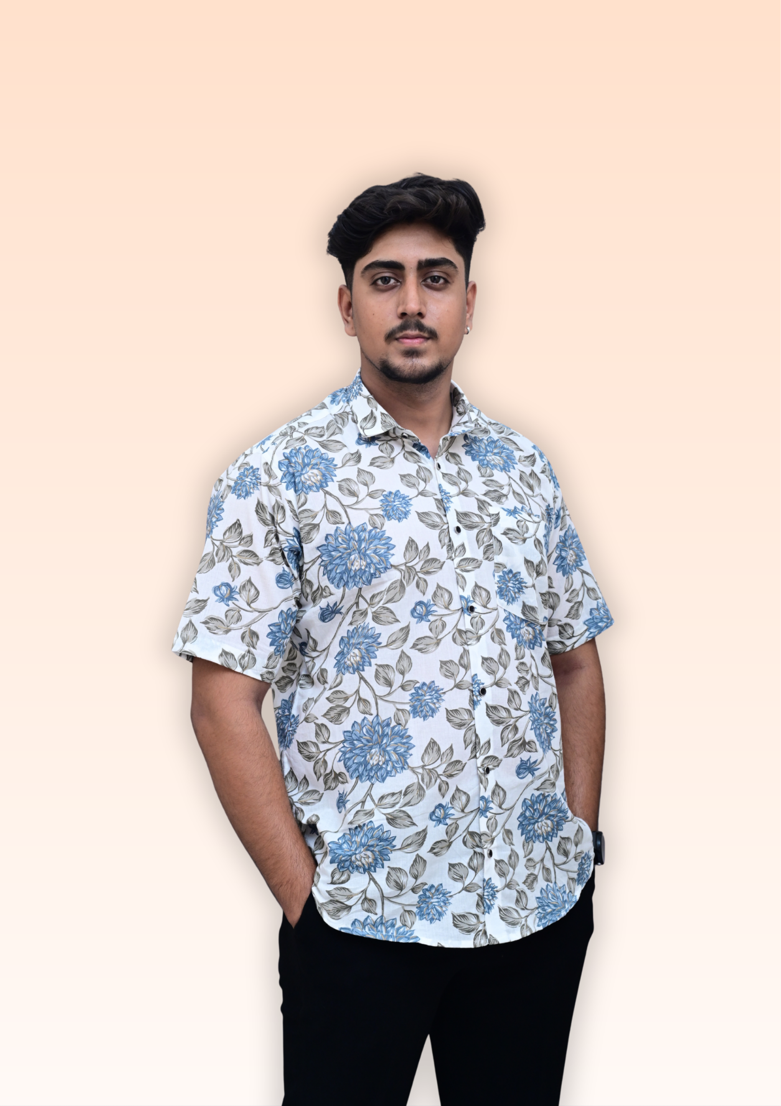 Men’s White & Blue Floral Printed Casual Shirt – Premium Summer Fit Half Sleeve