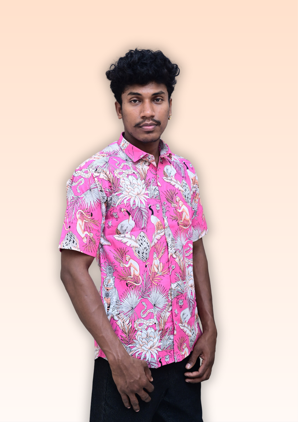 Men’s Hot Pink Tropical Printed Casual Shirt – Premium Vacation Fit Half Sleeve