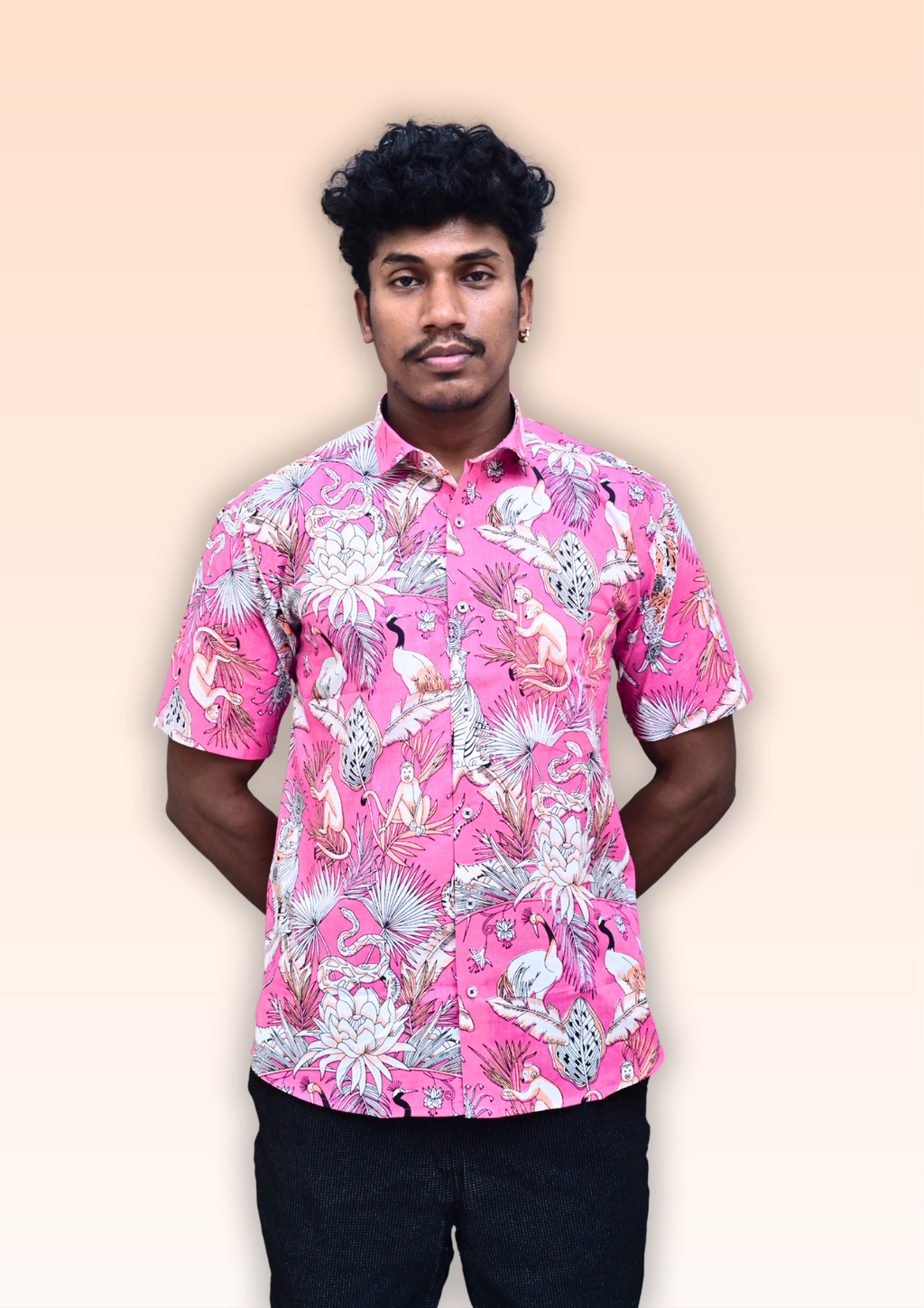 Men’s Hot Pink Tropical Printed Casual Shirt – Premium Vacation Fit Half Sleeve