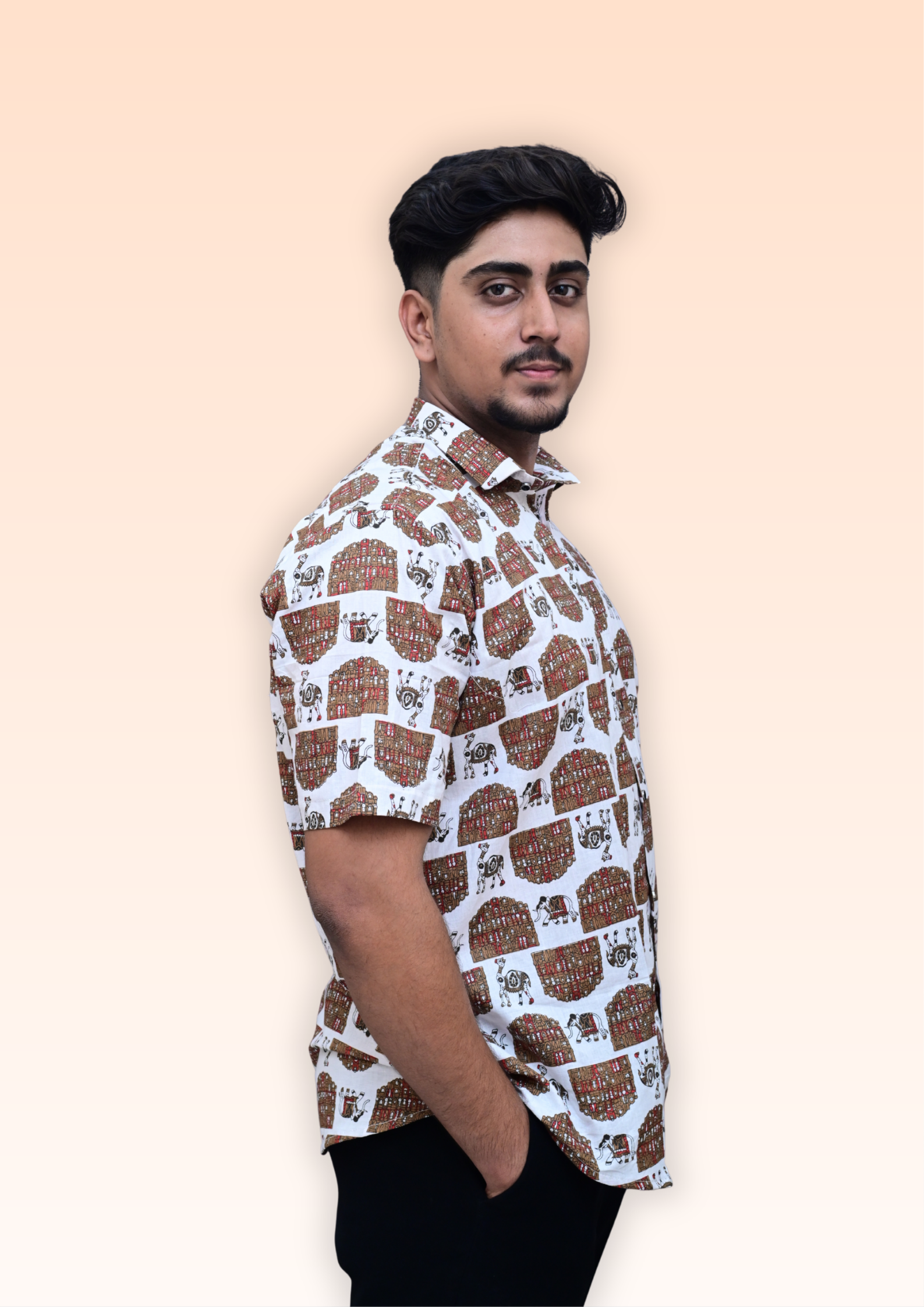 Men’s White Heritage Print Casual Shirt – Premium Ethnic Inspired Half Sleeve