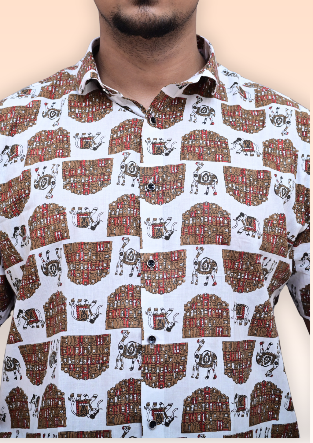 Men’s White Heritage Print Casual Shirt – Premium Ethnic Inspired Half Sleeve
