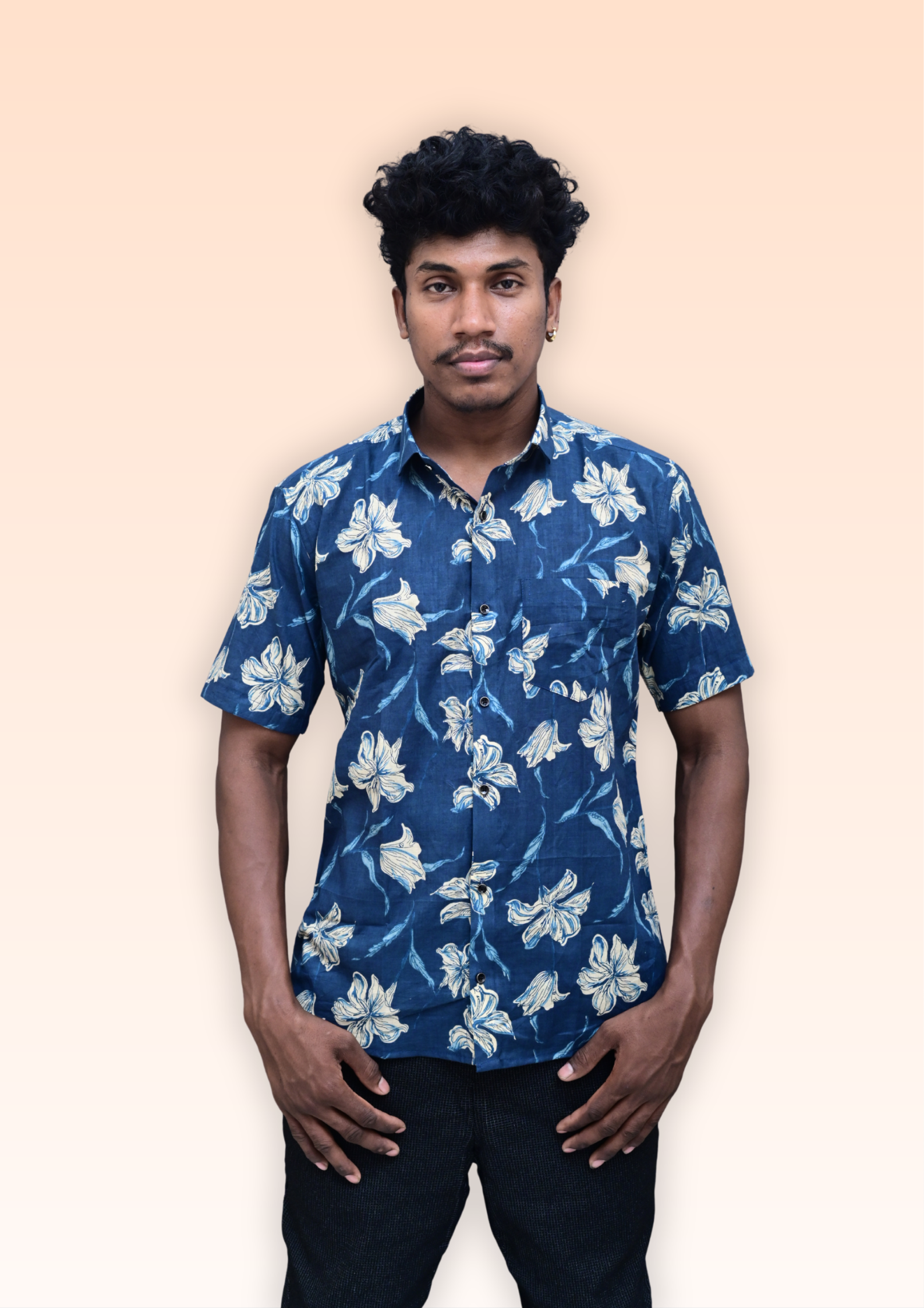 Men’s Navy Blue Floral Printed Casual Shirt – Premium Relaxed Fit Half Sleeve