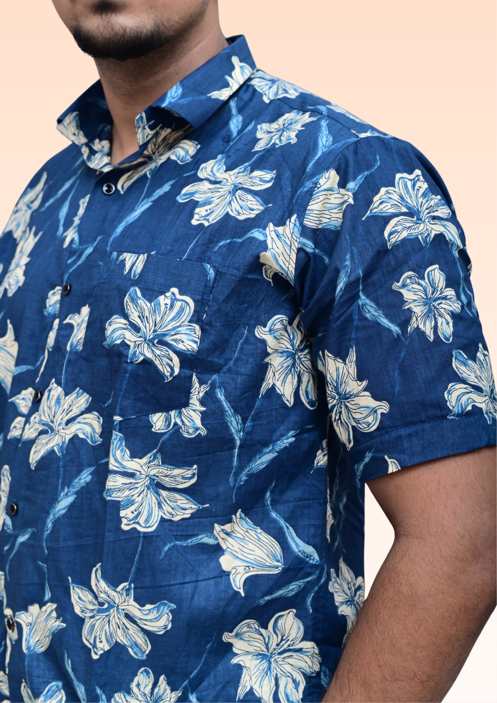 Men’s Navy Blue Floral Printed Casual Shirt – Premium Relaxed Fit Half Sleeve