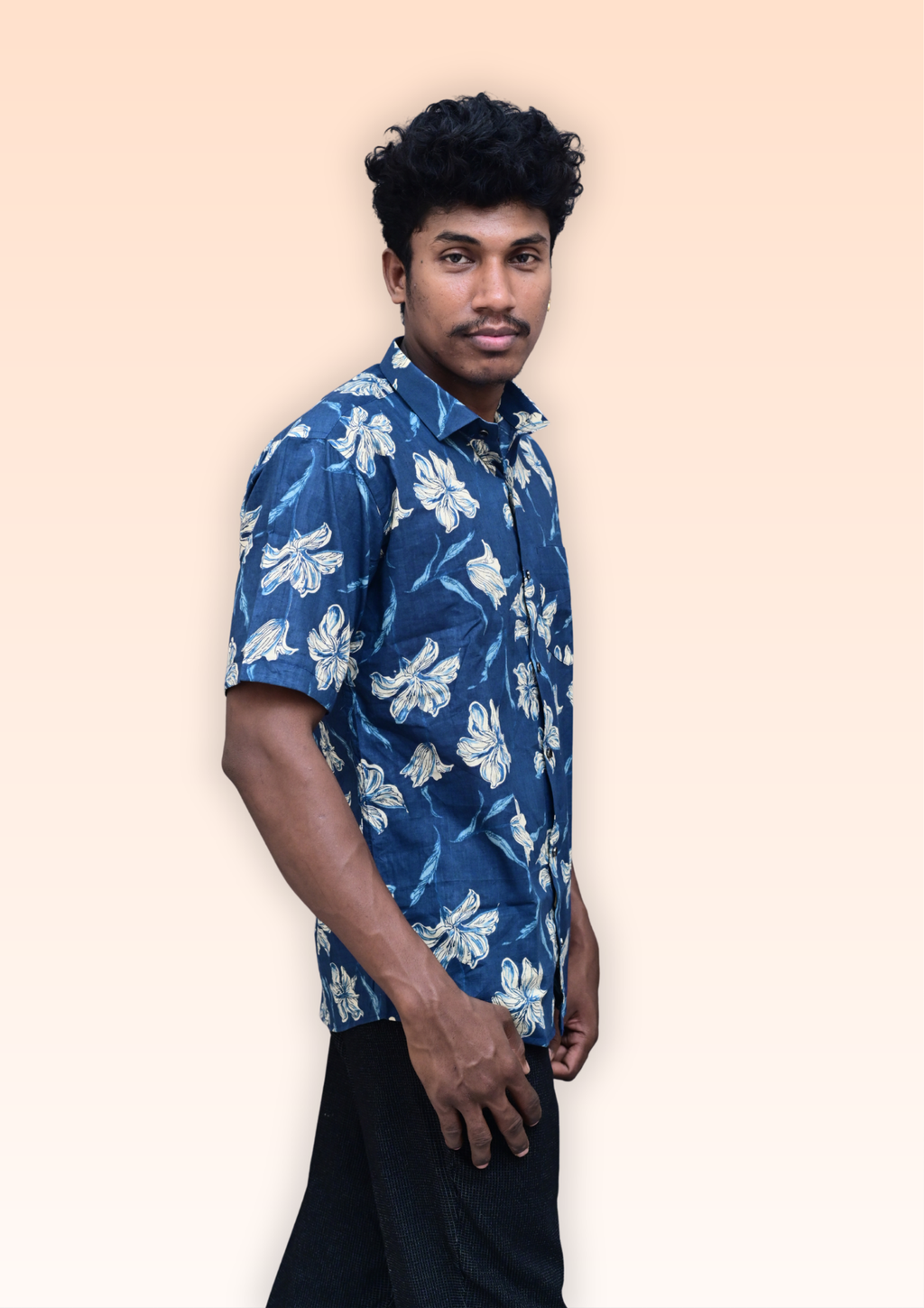 Men’s Navy Blue Floral Printed Casual Shirt – Premium Relaxed Fit Half Sleeve