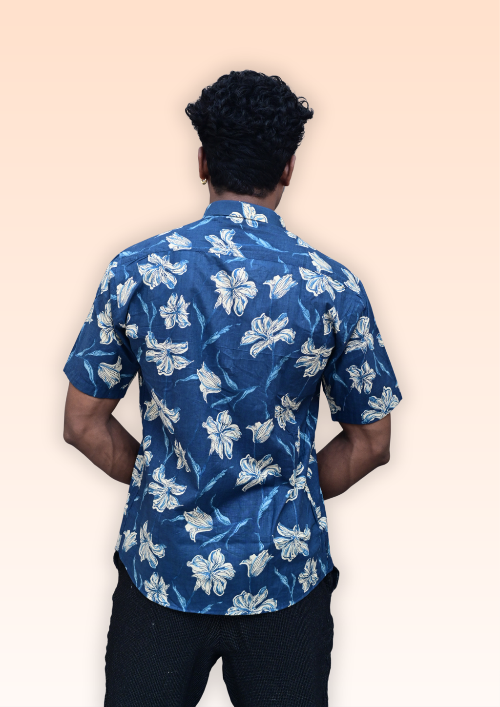 Men’s Navy Blue Floral Printed Casual Shirt – Premium Relaxed Fit Half Sleeve