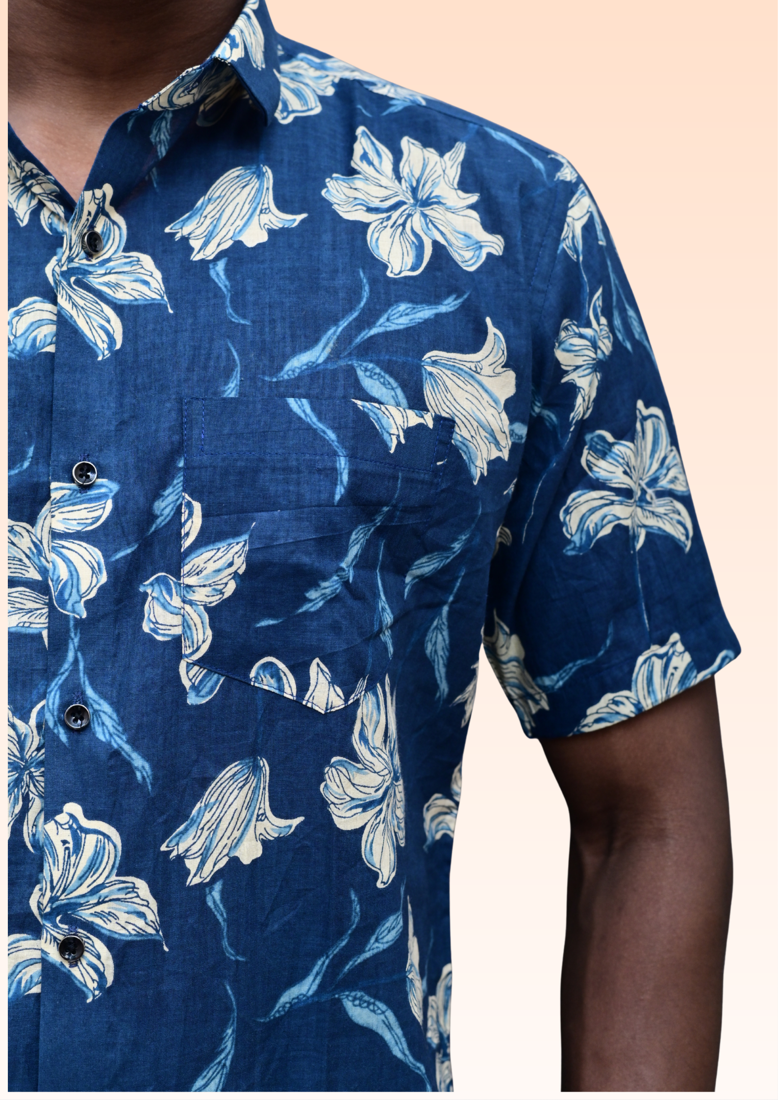Men’s Navy Blue Floral Printed Casual Shirt – Premium Relaxed Fit Half Sleeve