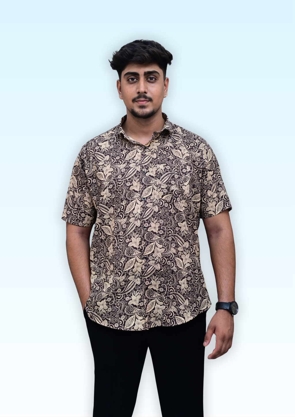 Men’s Black & Beige Vintage Floral Printed Casual Shirt – Premium Relaxed Fit Half Sleeve