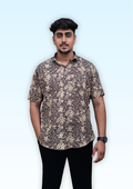 Men’s Black & Beige Vintage Floral Printed Casual Shirt – Premium Relaxed Fit Half Sleeve