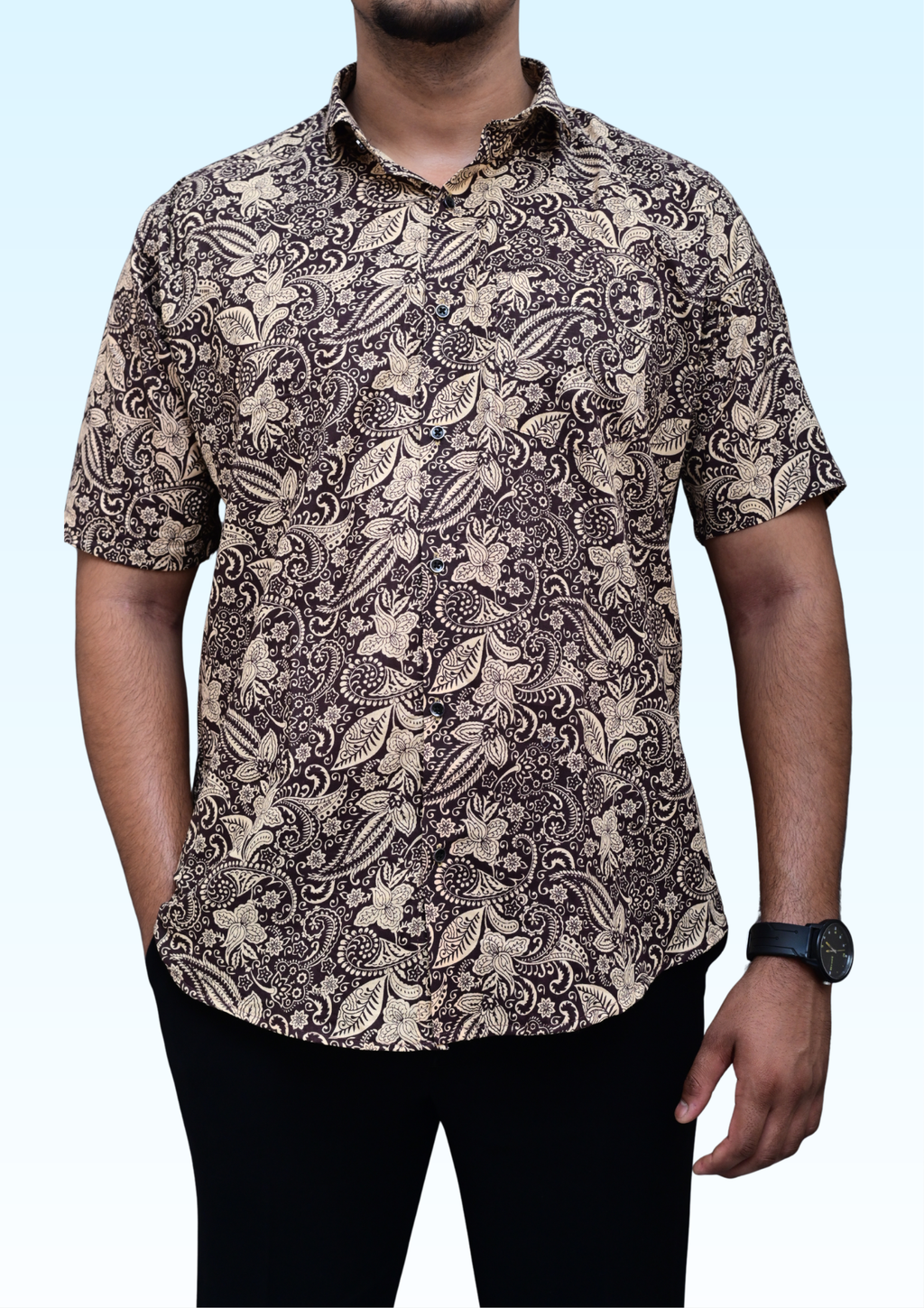 Men’s Black & Beige Vintage Floral Printed Casual Shirt – Premium Relaxed Fit Half Sleeve