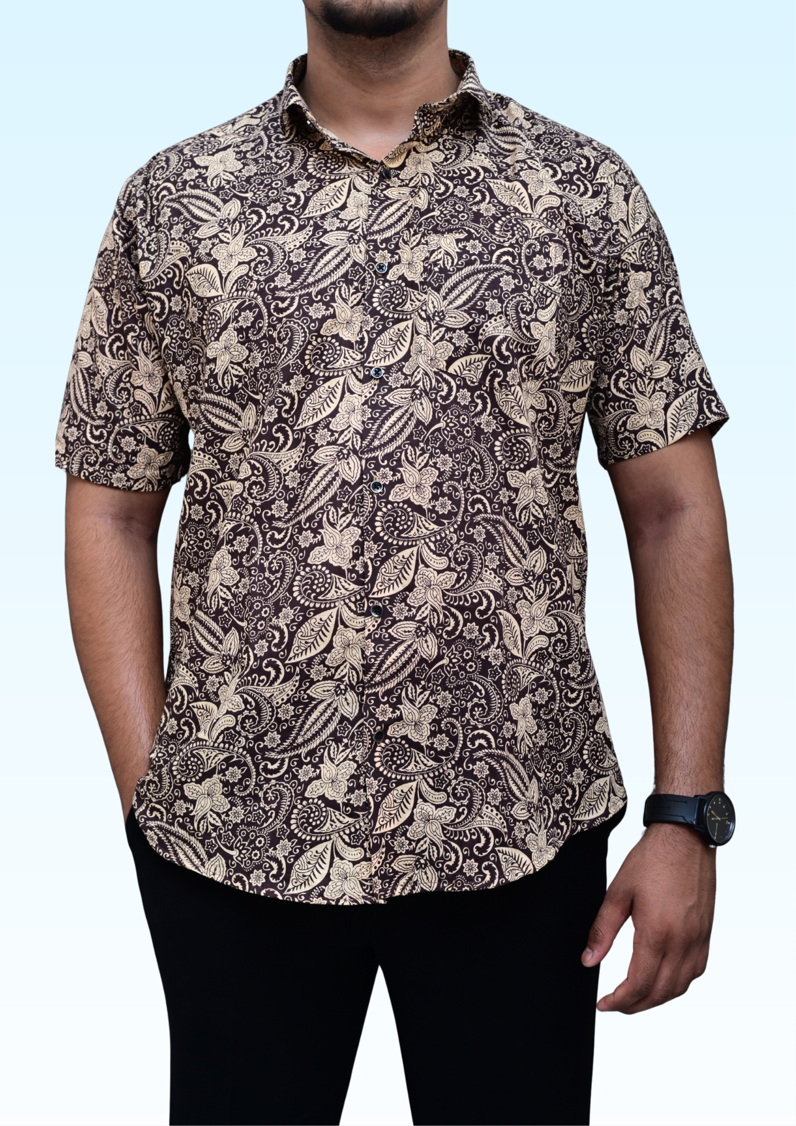 Men’s Black & Beige Vintage Floral Printed Casual Shirt – Premium Relaxed Fit Half Sleeve