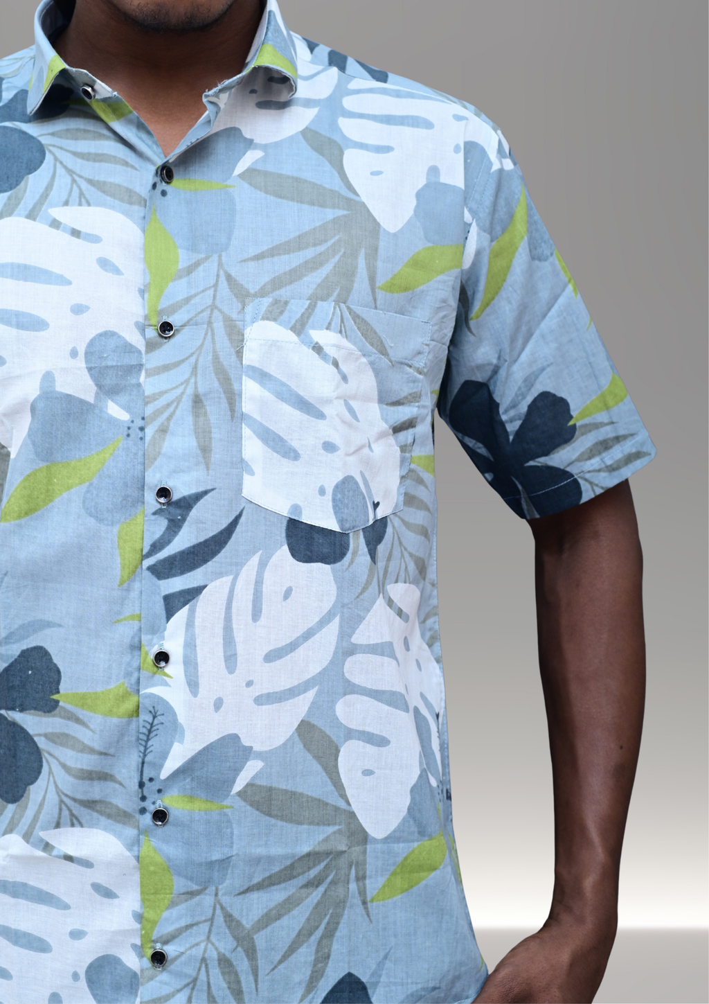 Men’s Sky Blue Tropical Printed Casual Shirt – Premium Relaxed Fit Half Sleeve