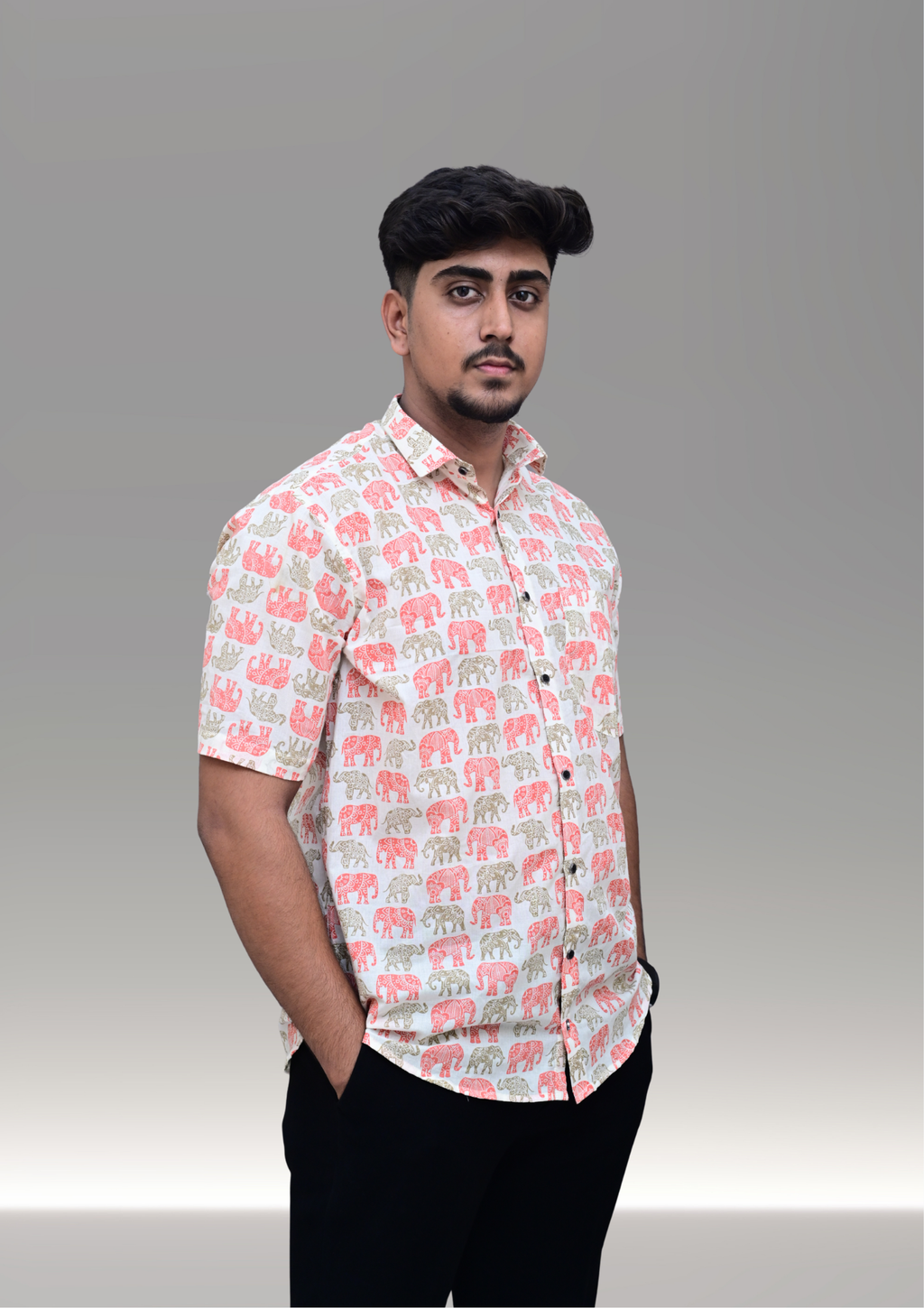 Men’s White Elephant Printed Casual Shirt – Premium Ethnic Inspired Half Sleeve