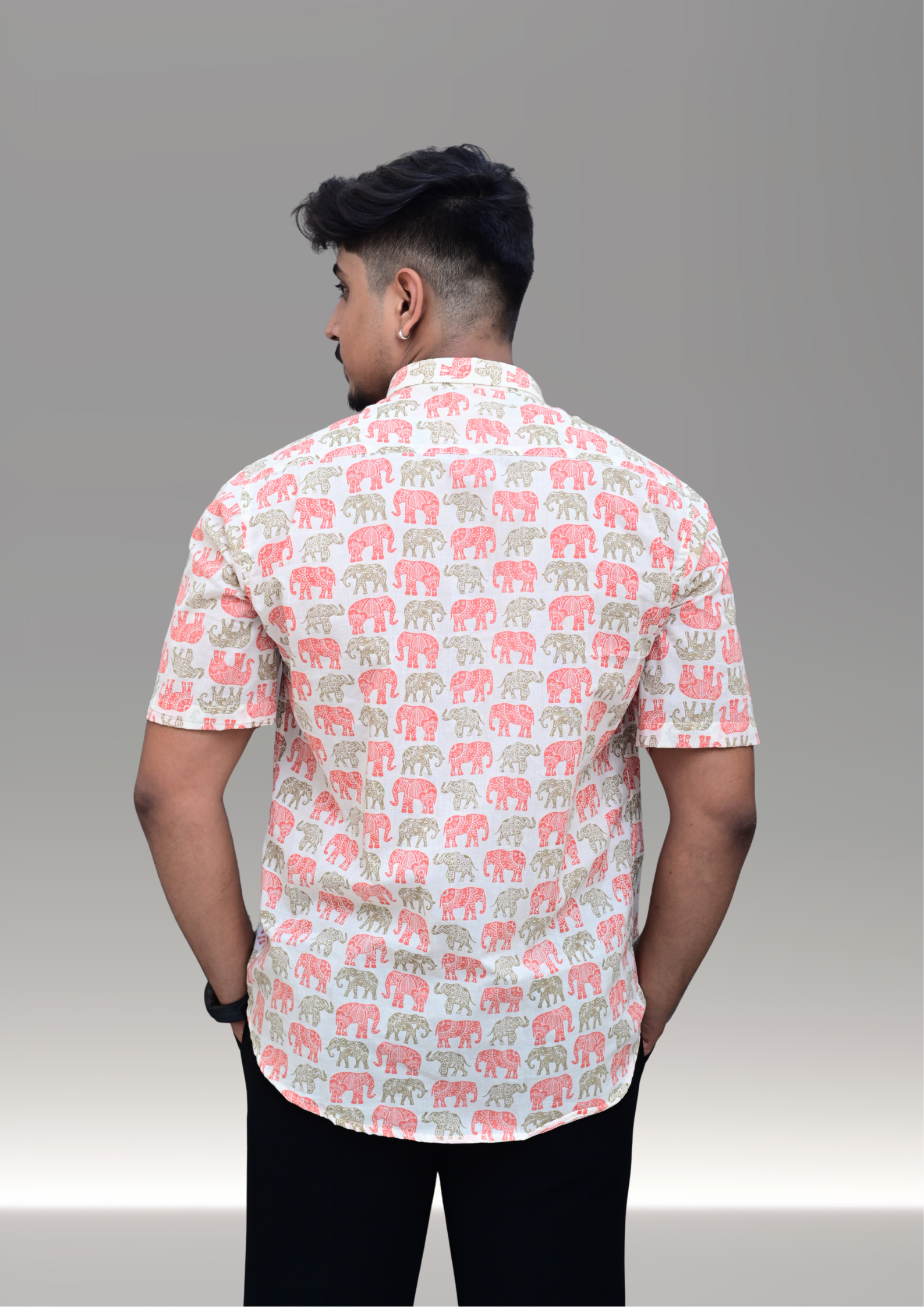 Men’s White Elephant Printed Casual Shirt – Premium Ethnic Inspired Half Sleeve