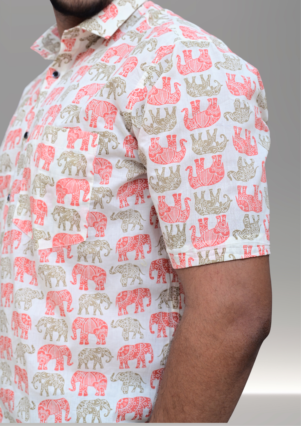 Men’s White Elephant Printed Casual Shirt – Premium Ethnic Inspired Half Sleeve