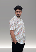 Men’s White Mini Elephant Printed Casual Shirt – Premium Relaxed Fit Half Sleeve