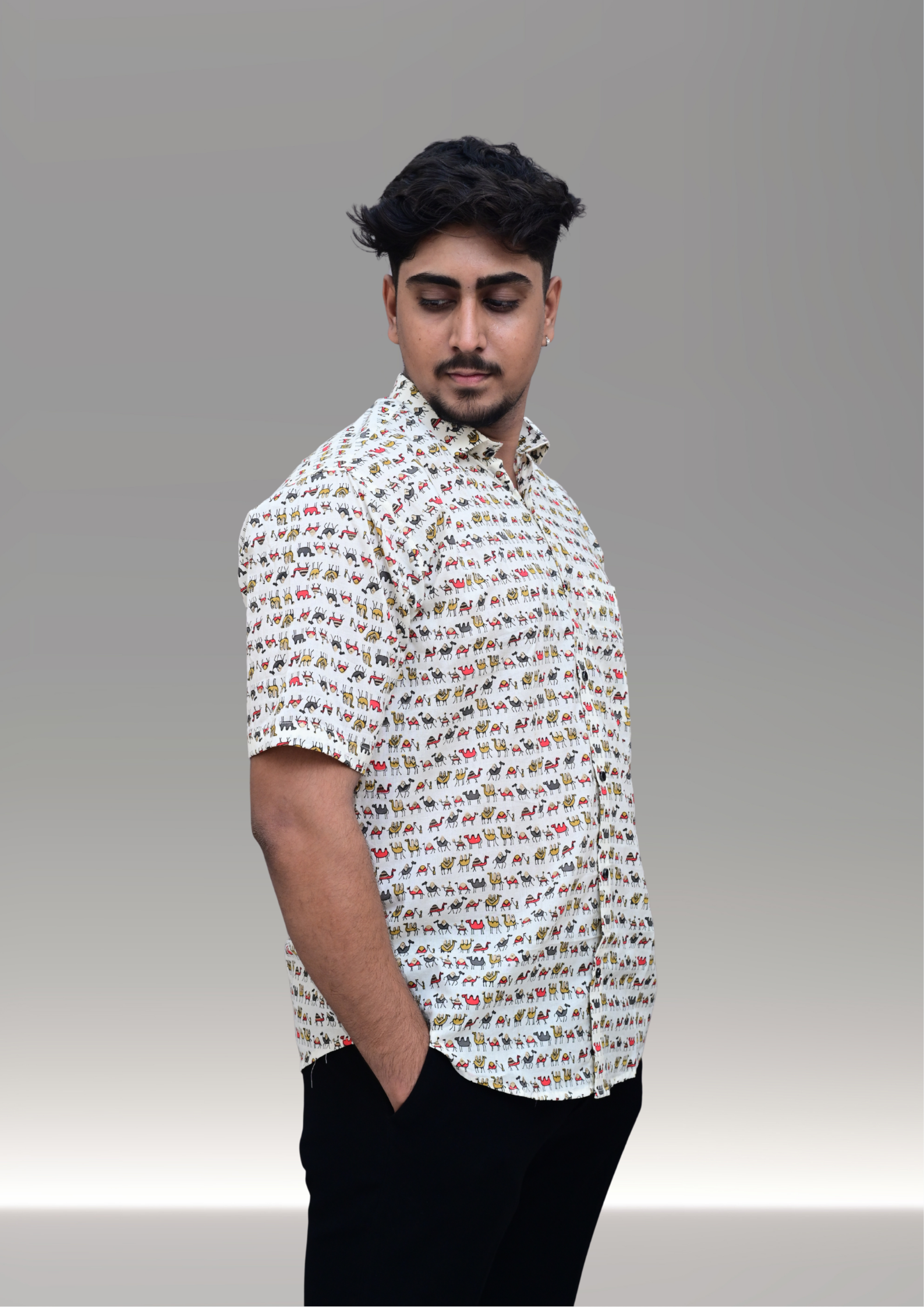 Men’s White Mini Elephant Printed Casual Shirt – Premium Relaxed Fit Half Sleeve