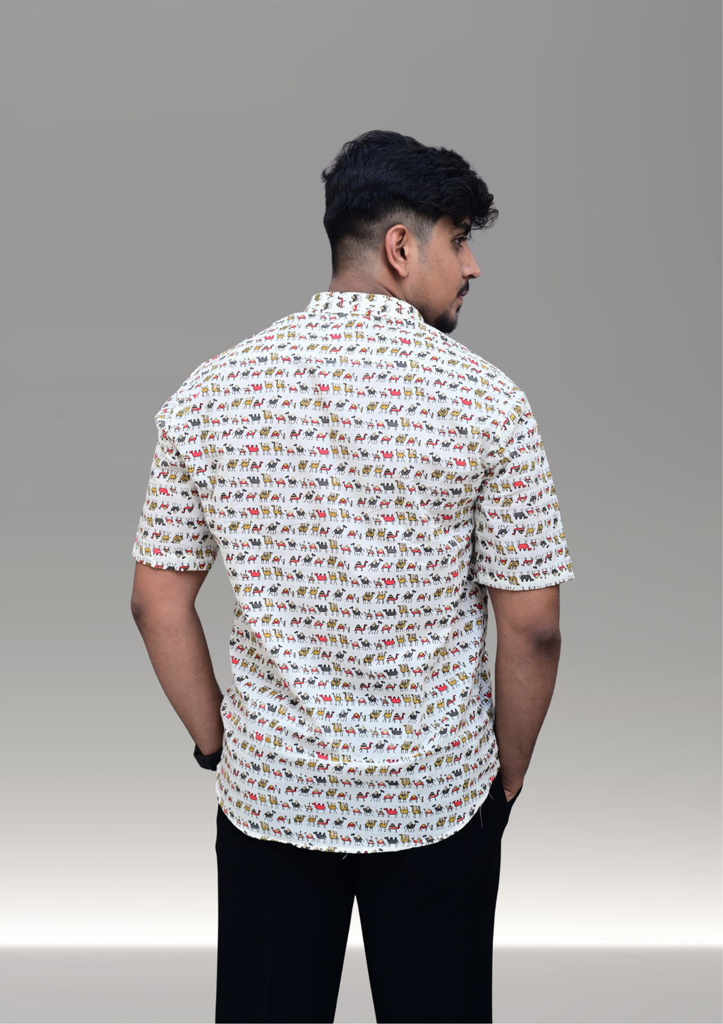 Men’s White Mini Elephant Printed Casual Shirt – Premium Relaxed Fit Half Sleeve