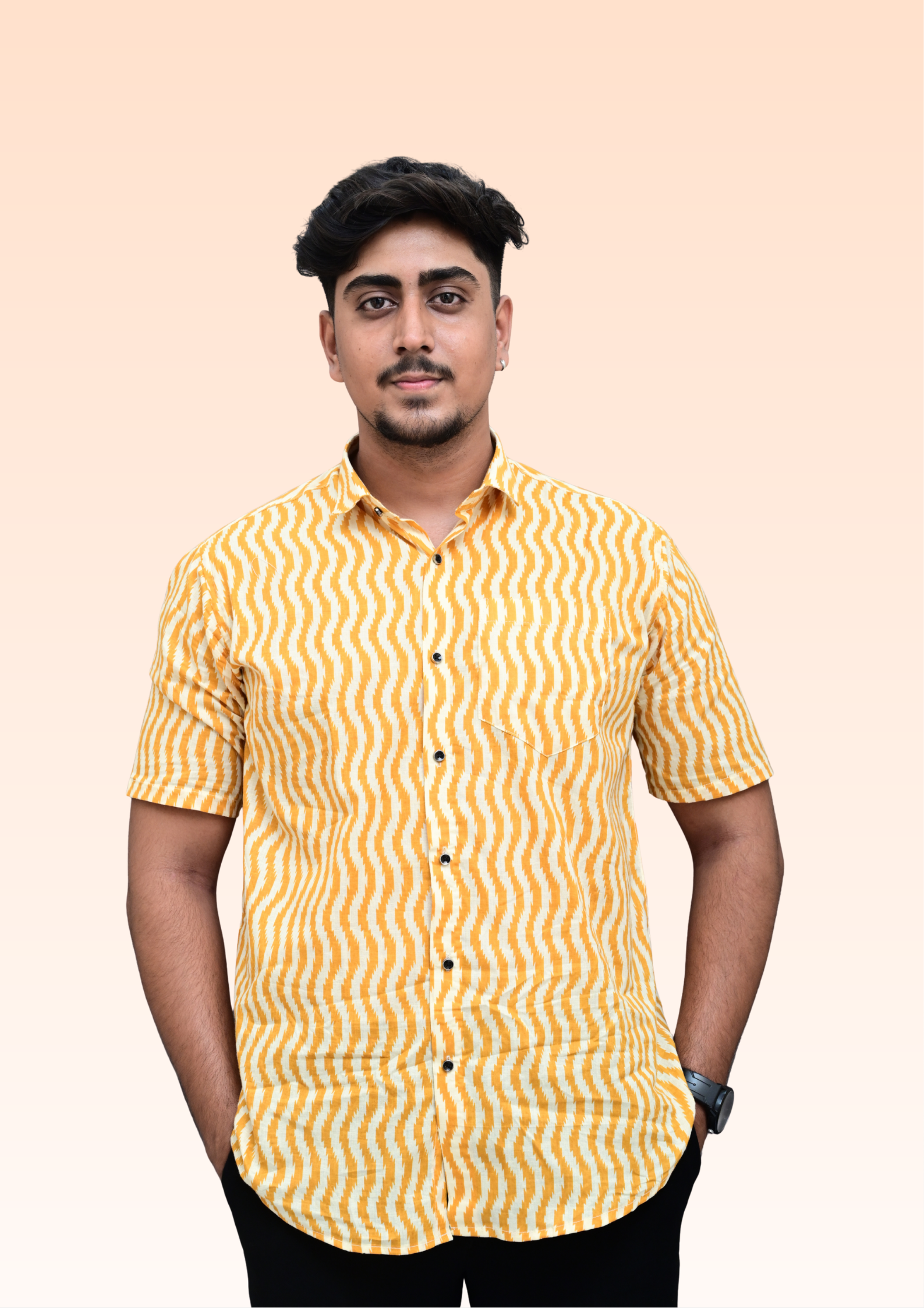Men’s Mustard Yellow Wavy Print Casual Shirt – Premium Relaxed Fit Half Sleeve