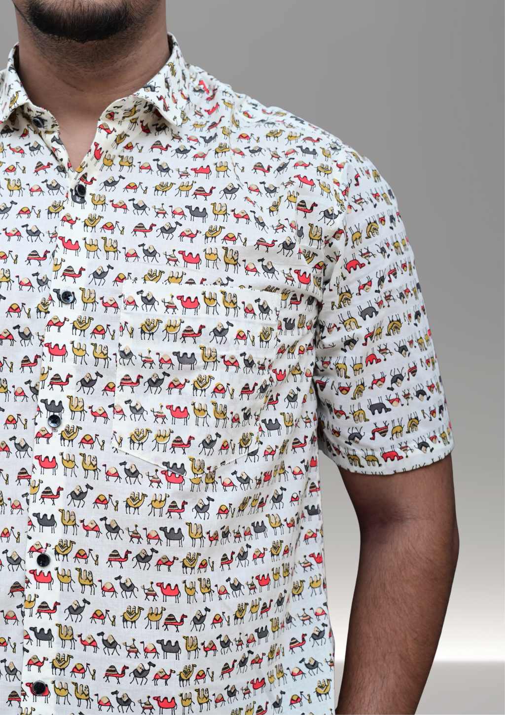 Men’s White Mini Elephant Printed Casual Shirt – Premium Relaxed Fit Half Sleeve