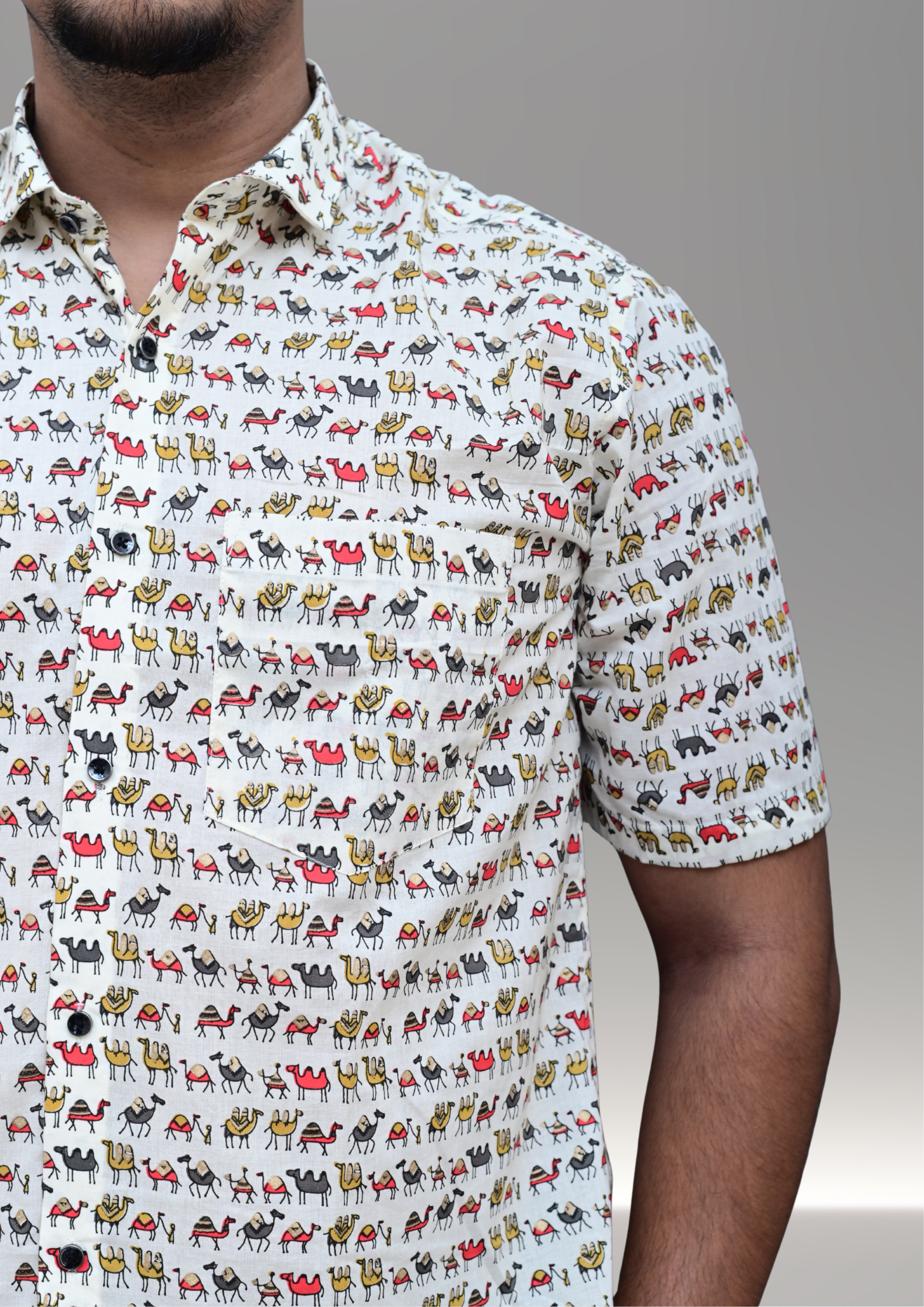 Men’s White Mini Elephant Printed Casual Shirt – Premium Relaxed Fit Half Sleeve