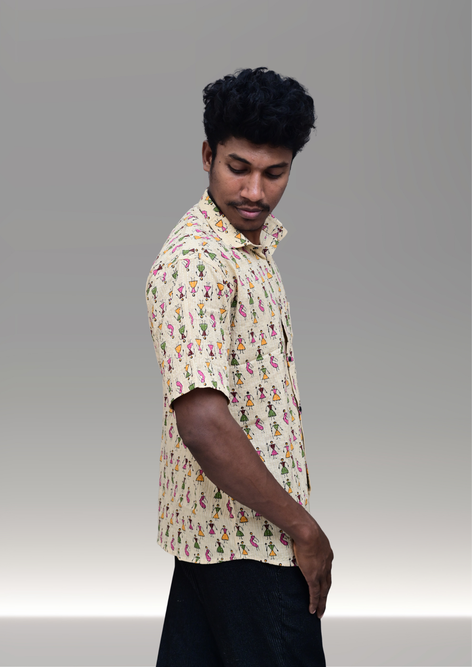 Men’s Beige Tribal Print Casual Shirt – Premium Artistic Relaxed Fit Half Sleeve