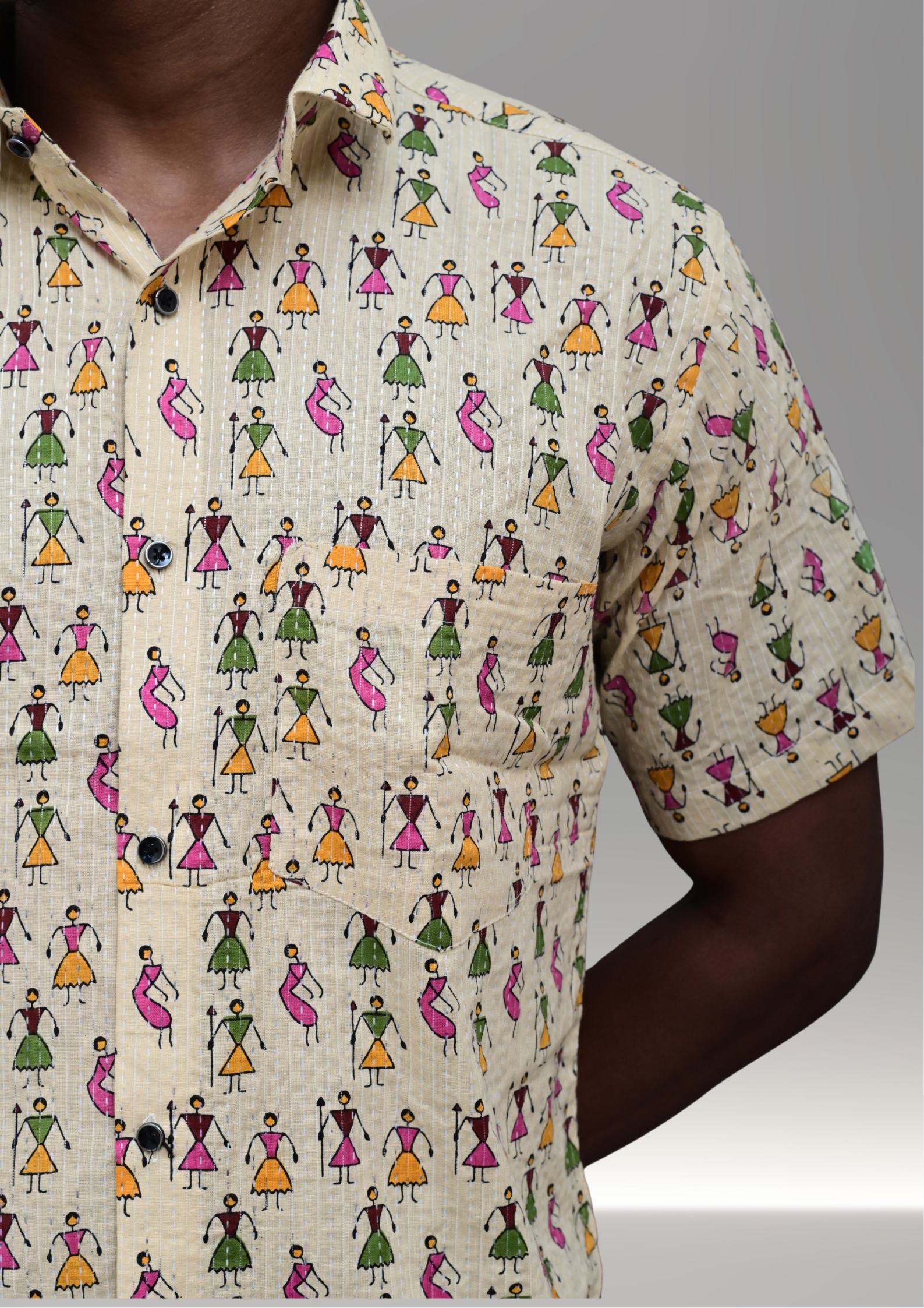 Men’s Beige Tribal Print Casual Shirt – Premium Artistic Relaxed Fit Half Sleeve
