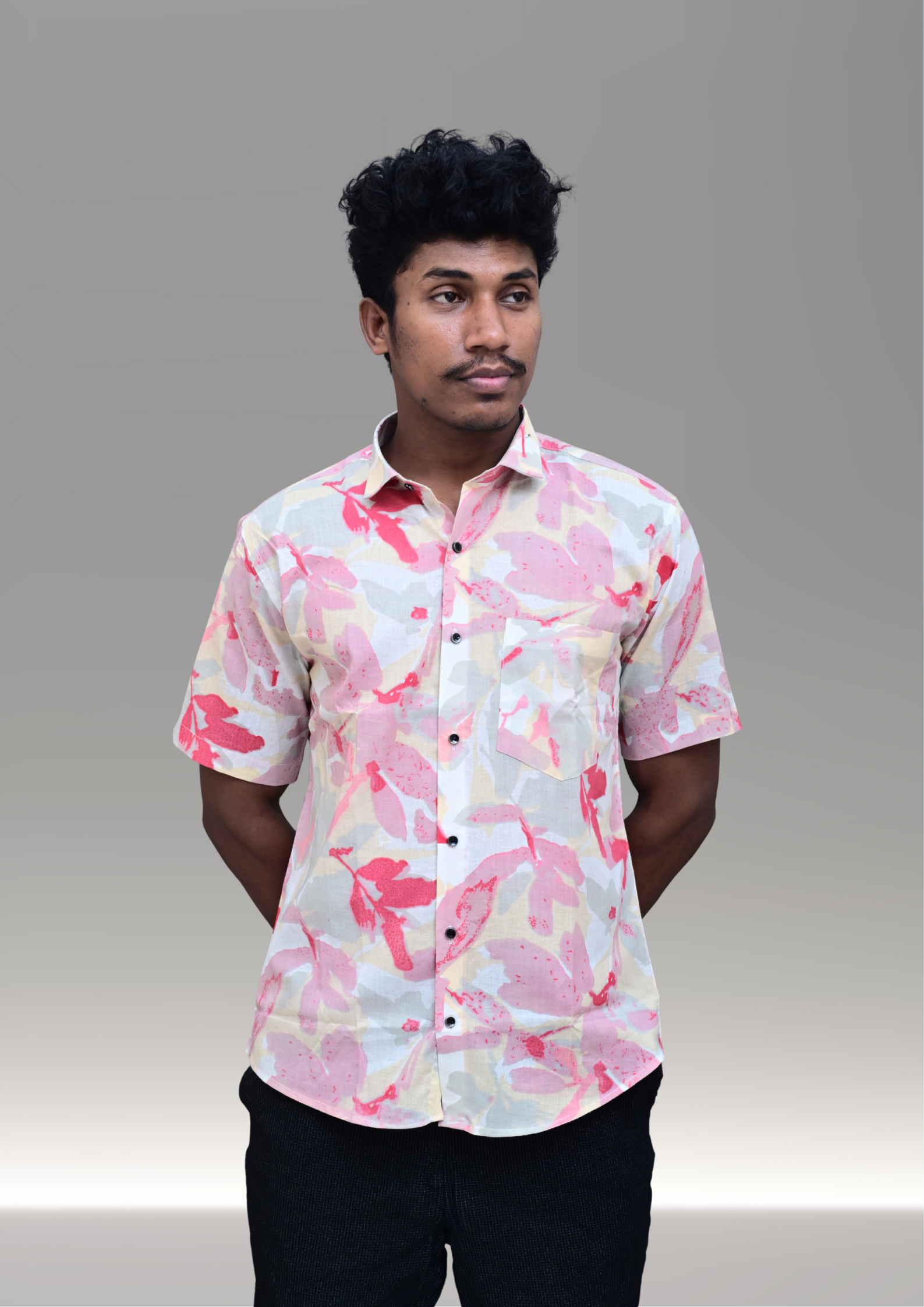 Men’s Pastel Pink Abstract Floral Casual Shirt – Premium Relaxed Fit Half Sleeve