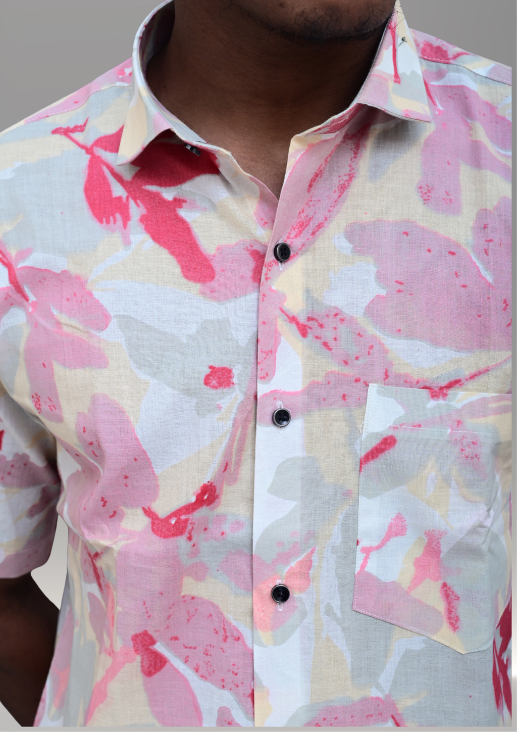Men’s Pastel Pink Abstract Floral Casual Shirt – Premium Relaxed Fit Half Sleeve