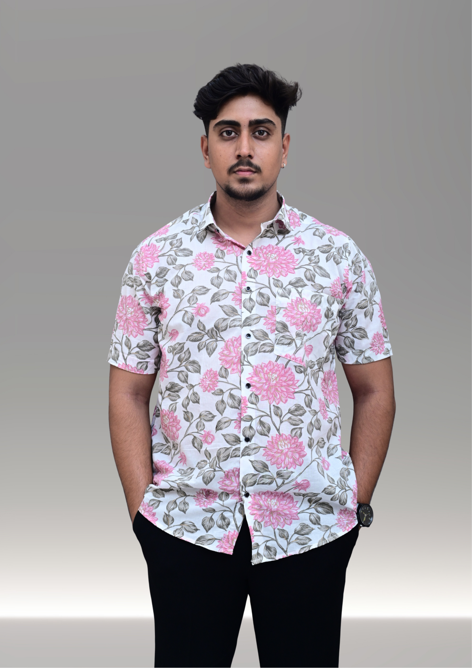 Men’s White & Pink Floral Printed Casual Shirt – Premium Summer Relaxed Fit Half Sleeve