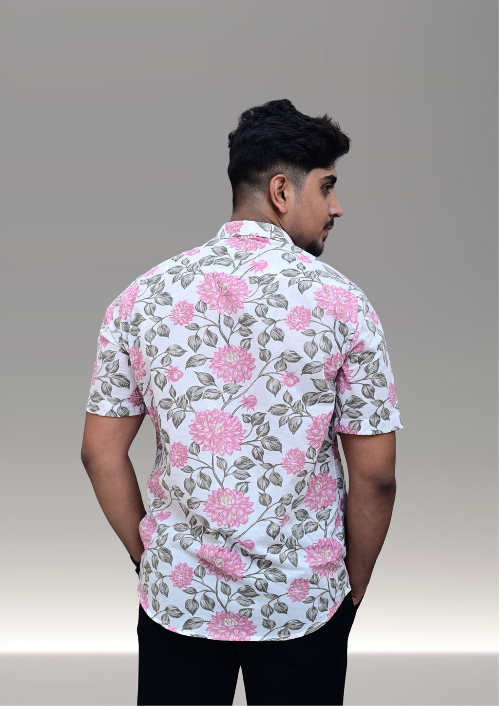 Men’s White & Pink Floral Printed Casual Shirt – Premium Summer Relaxed Fit Half Sleeve