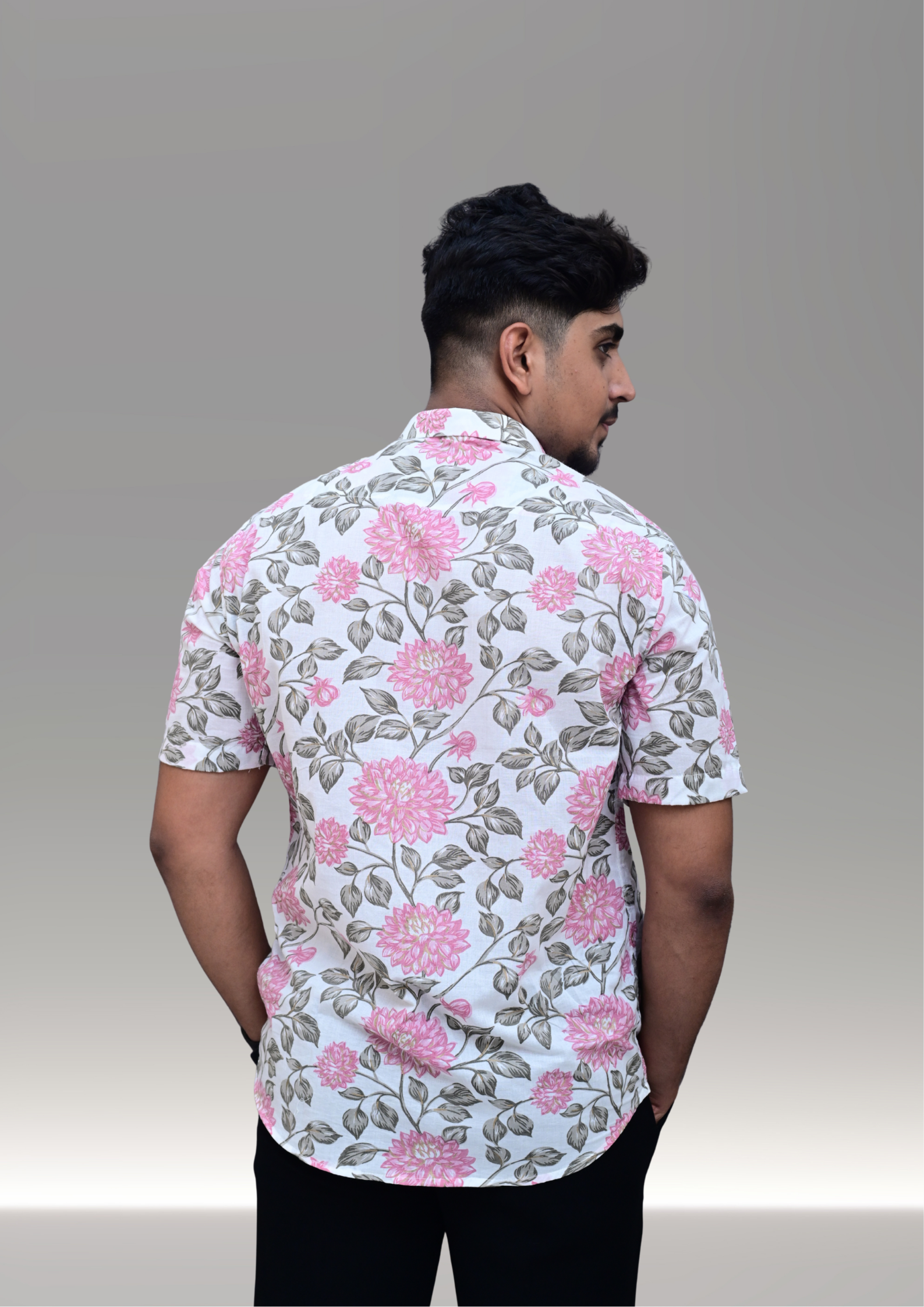 Men’s White & Pink Floral Printed Casual Shirt – Premium Summer Relaxed Fit Half Sleeve