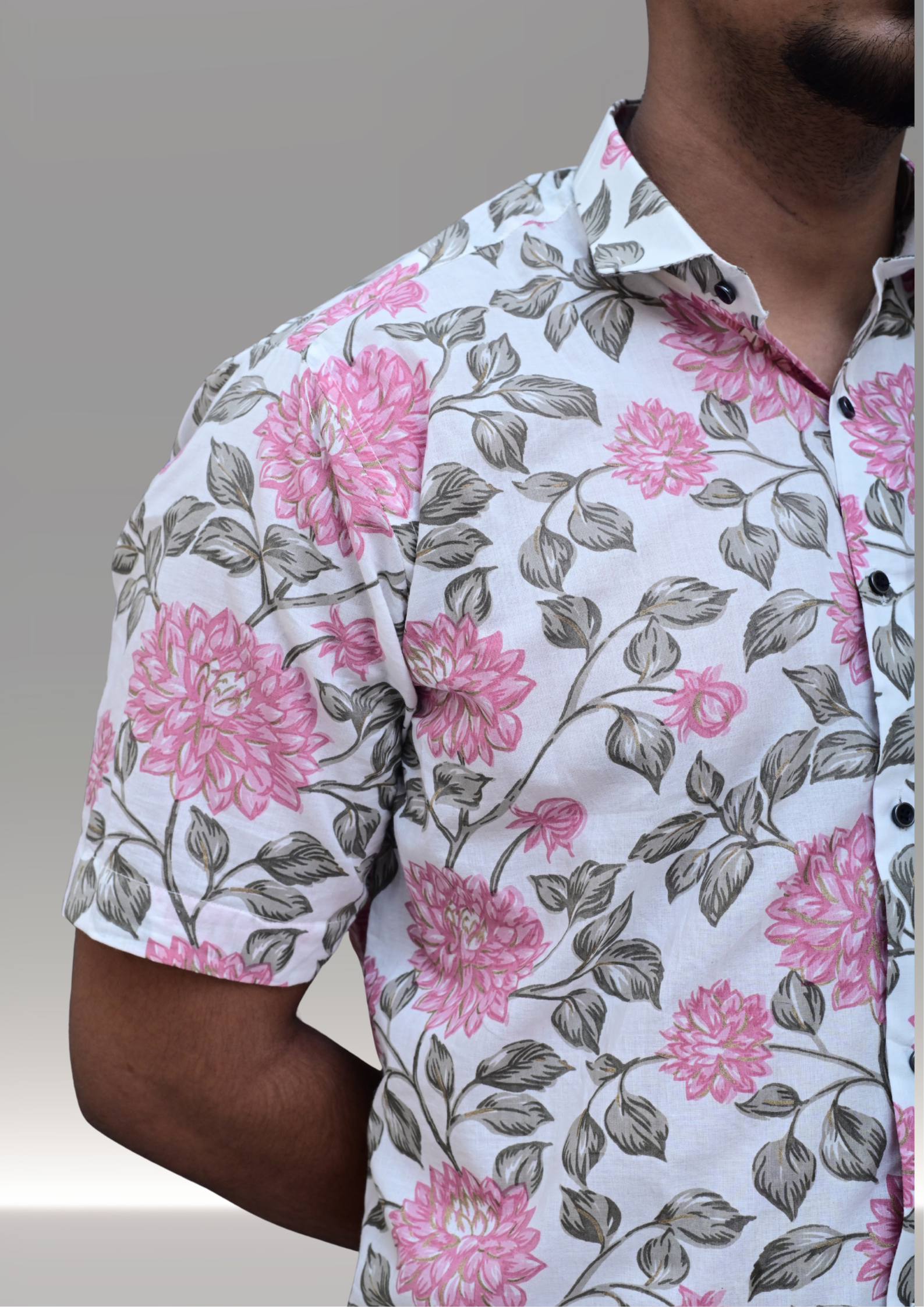 Men’s White & Pink Floral Printed Casual Shirt – Premium Summer Relaxed Fit Half Sleeve