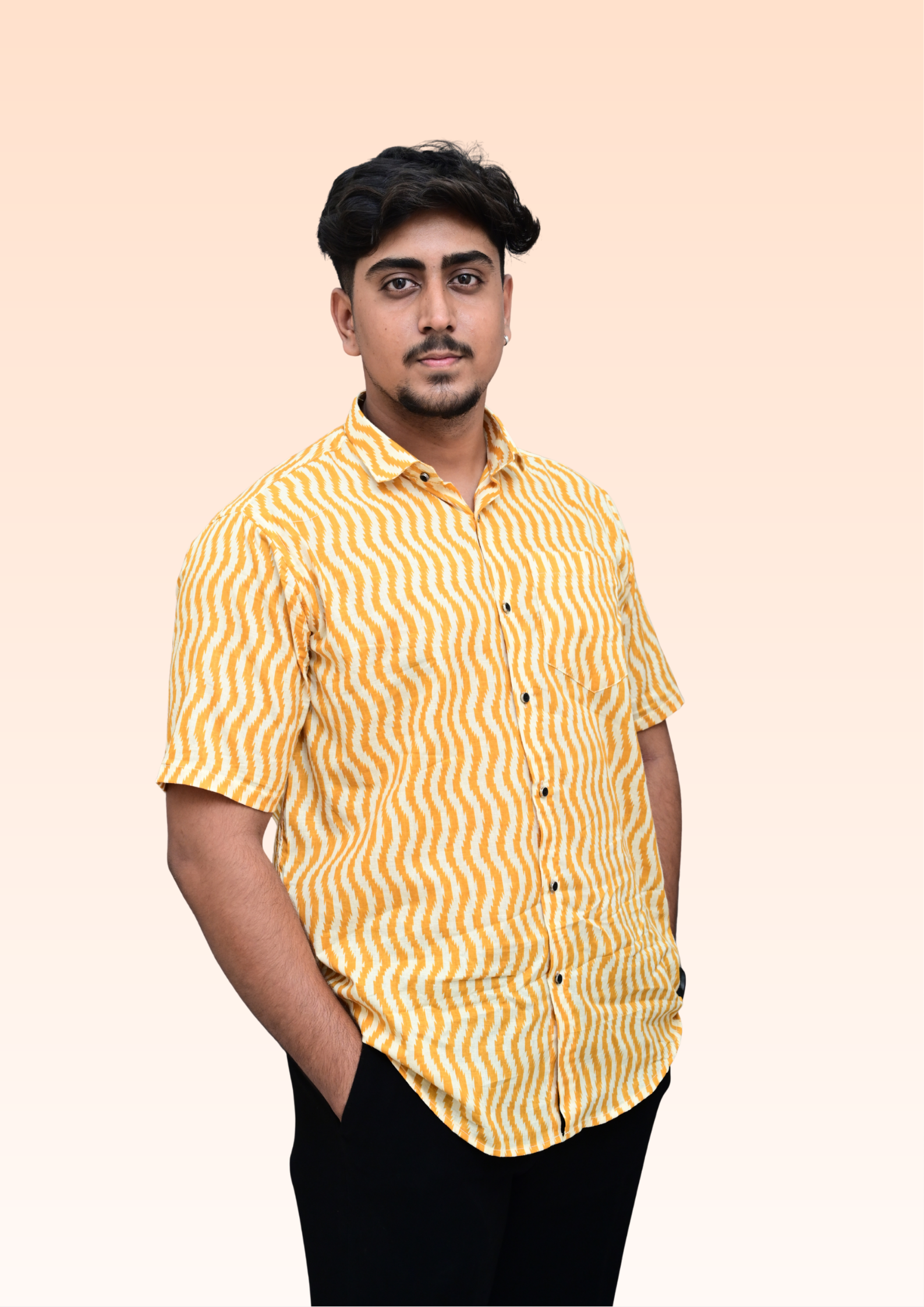 Men’s Mustard Yellow Wavy Print Casual Shirt – Premium Relaxed Fit Half Sleeve