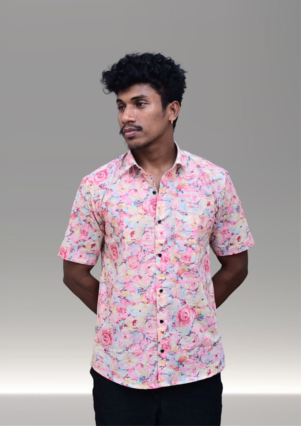 Men’s Pastel Pink Floral Printed Casual Shirt – Premium Artistic Relaxed Fit Half Sleeve