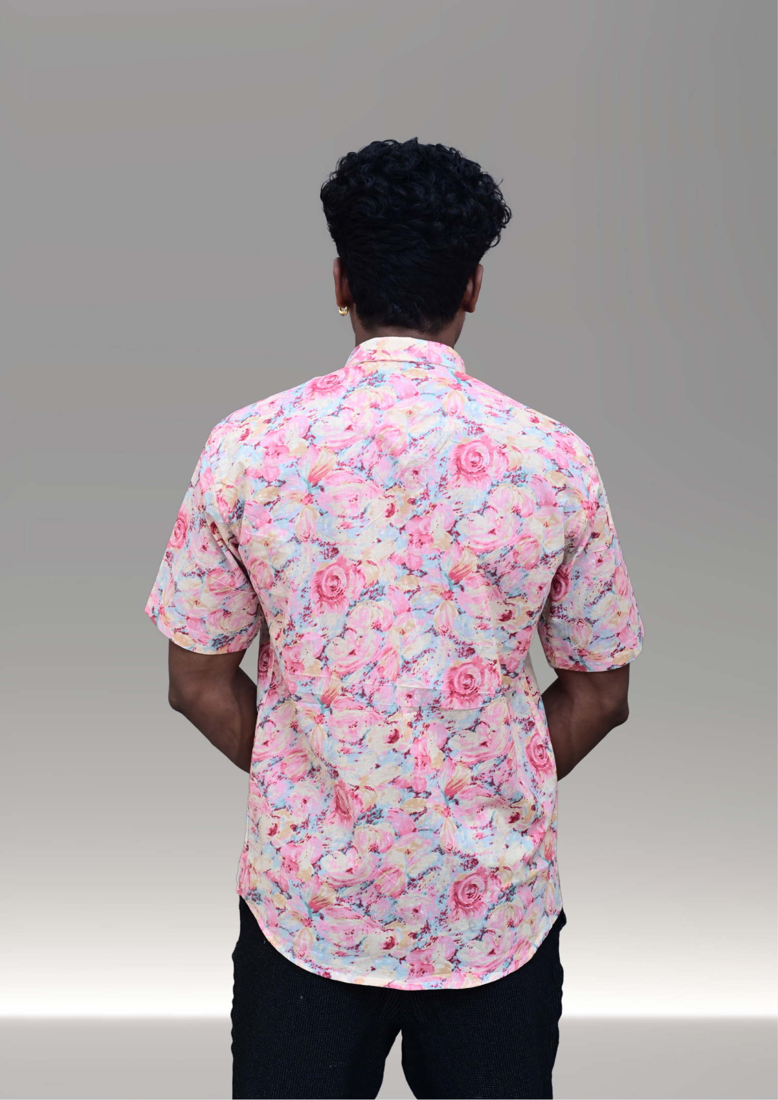 Men’s Pastel Pink Floral Printed Casual Shirt – Premium Artistic Relaxed Fit Half Sleeve