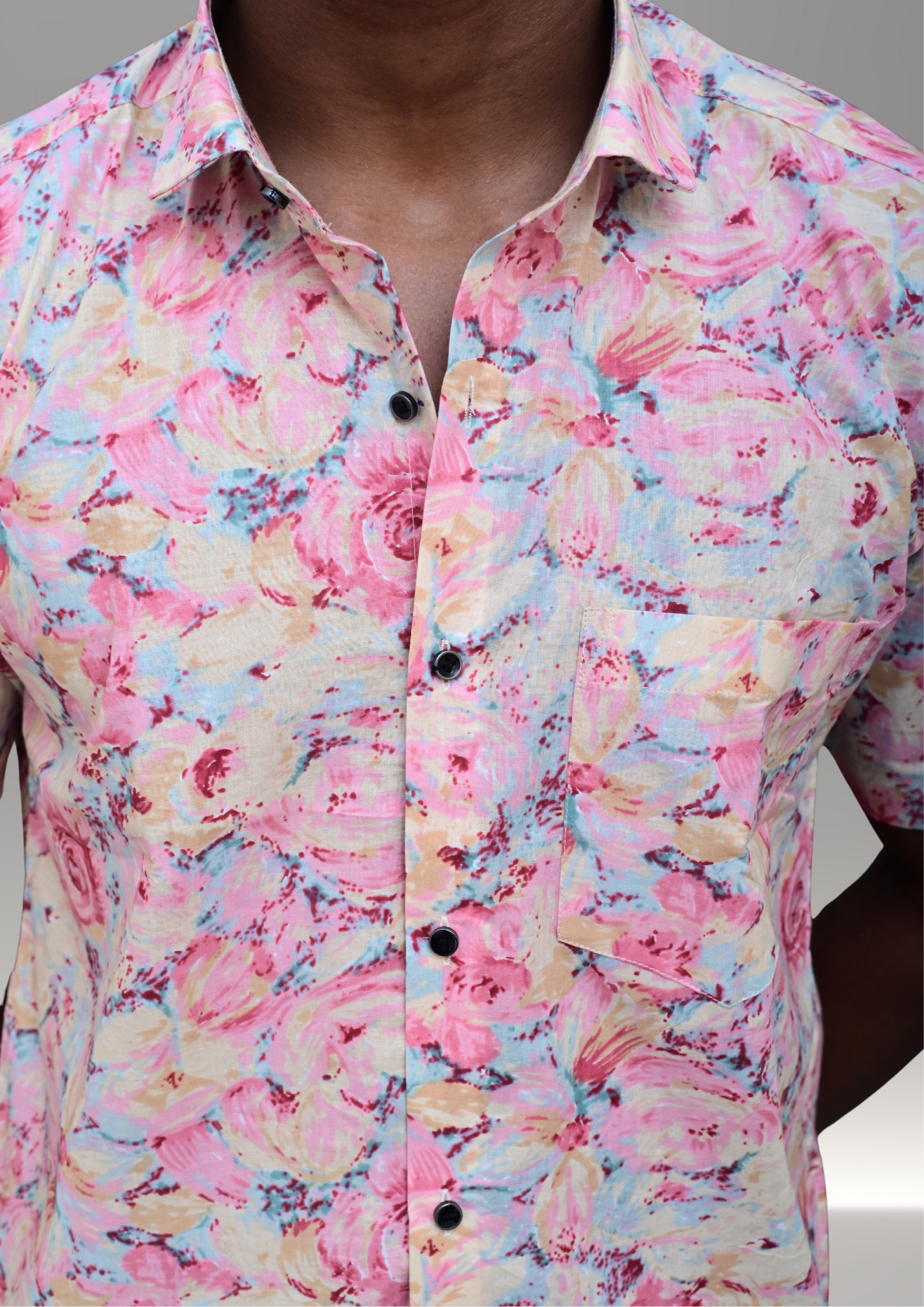 Men’s Pastel Pink Floral Printed Casual Shirt – Premium Artistic Relaxed Fit Half Sleeve