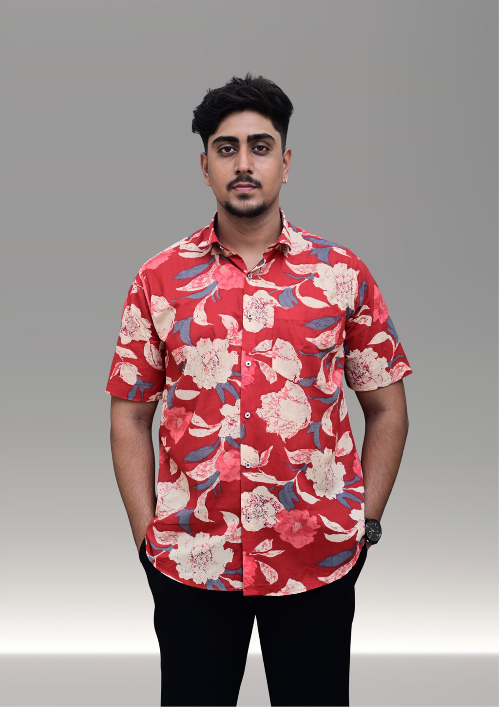 Men’s Red Floral Printed Casual Shirt – Premium Relaxed Fit Half Sleeve