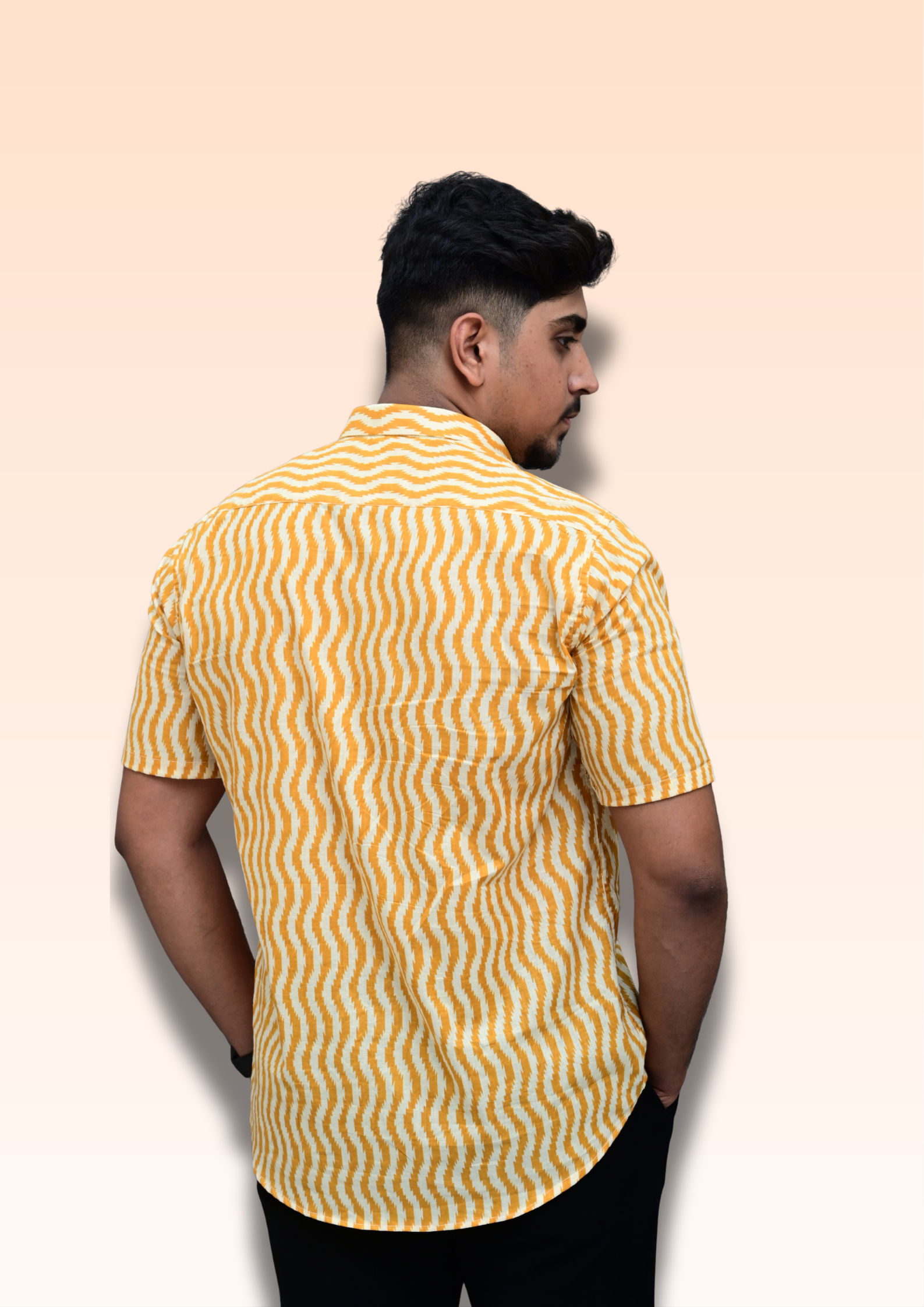 Men’s Mustard Yellow Wavy Print Casual Shirt – Premium Relaxed Fit Half Sleeve