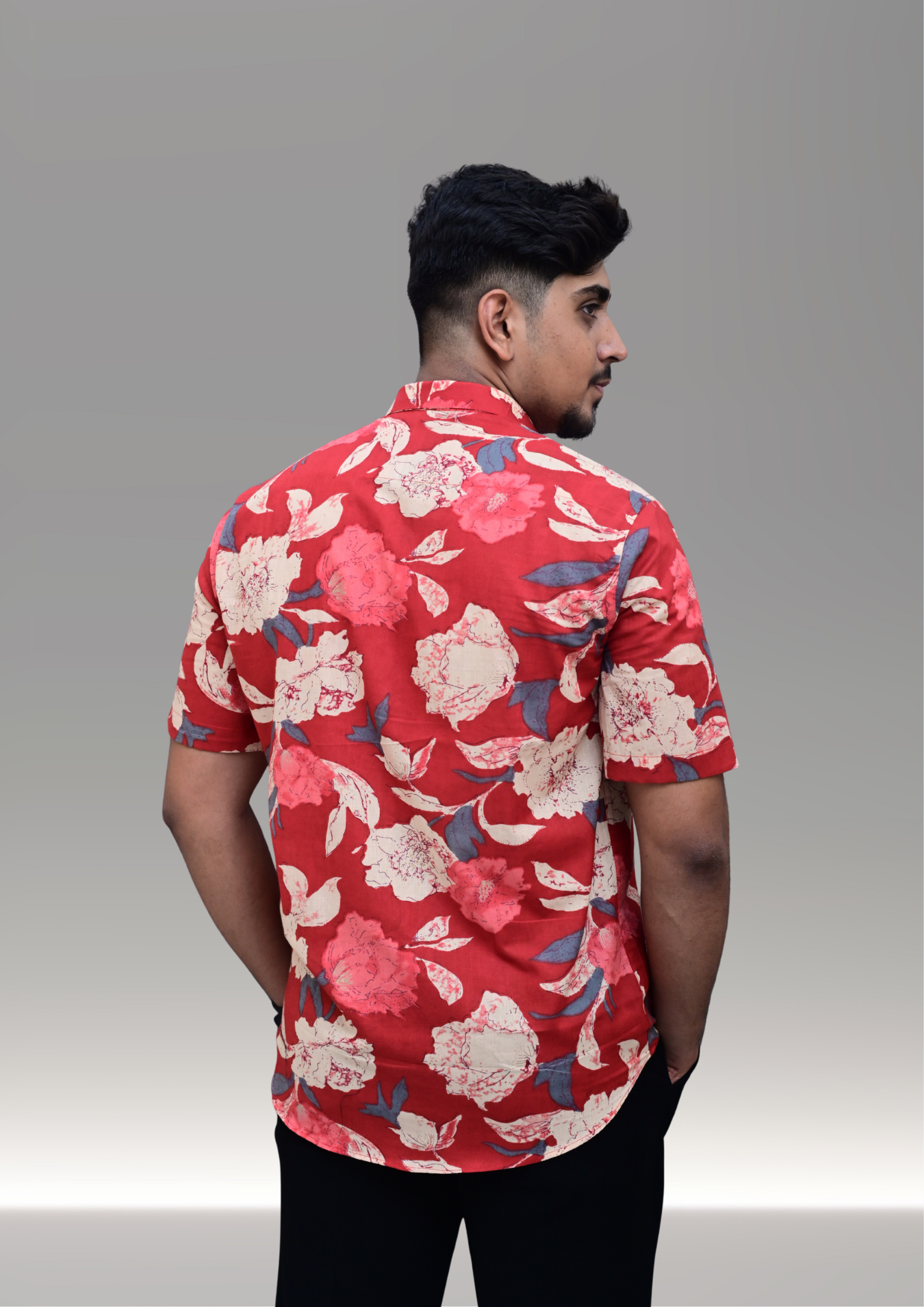 Men’s Red Floral Printed Casual Shirt – Premium Relaxed Fit Half Sleeve