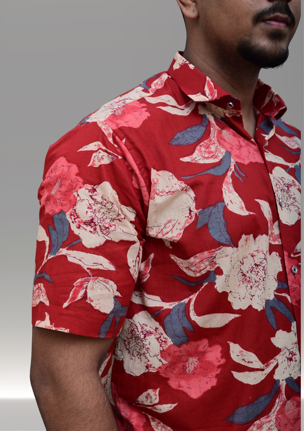 Men’s Red Floral Printed Casual Shirt – Premium Relaxed Fit Half Sleeve