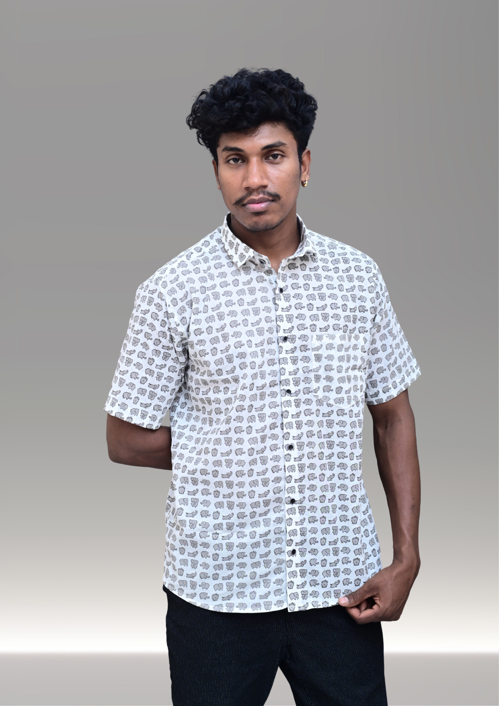 Men’s White Mini Elephant Printed Casual Shirt – Premium Minimal Relaxed Fit Half Sleeve