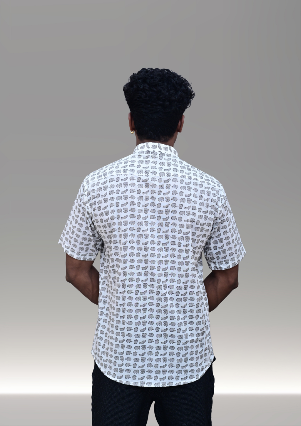 Men’s White Mini Elephant Printed Casual Shirt – Premium Minimal Relaxed Fit Half Sleeve