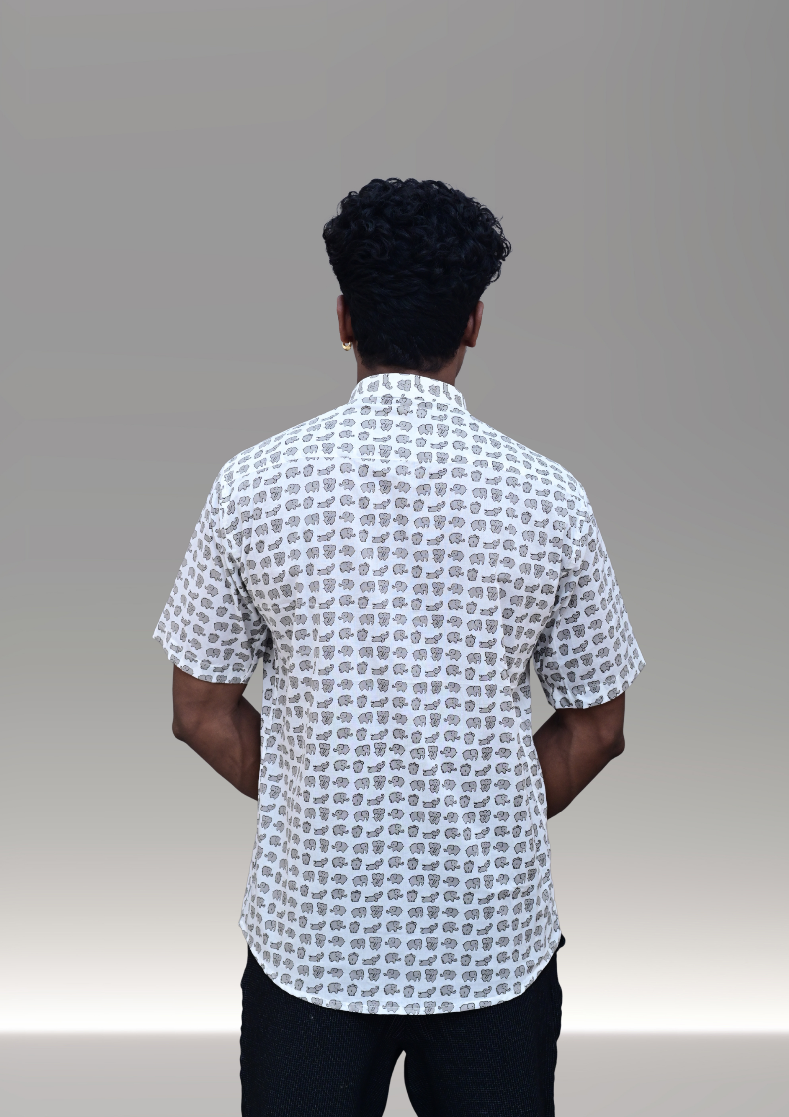 Men’s White Mini Elephant Printed Casual Shirt – Premium Minimal Relaxed Fit Half Sleeve