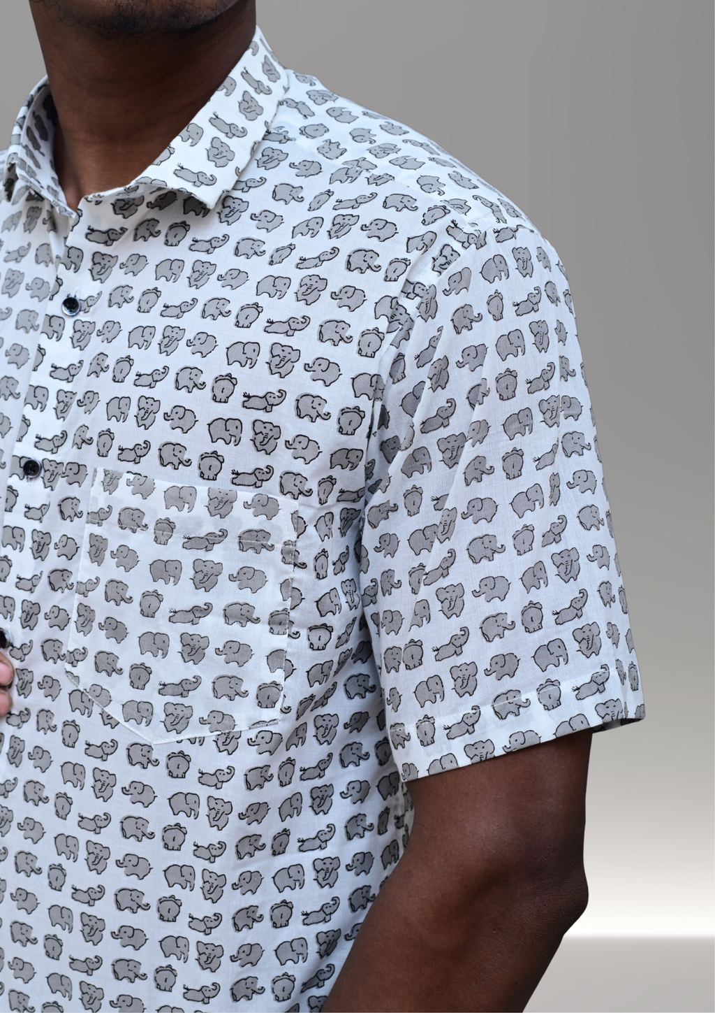 Men’s White Mini Elephant Printed Casual Shirt – Premium Minimal Relaxed Fit Half Sleeve