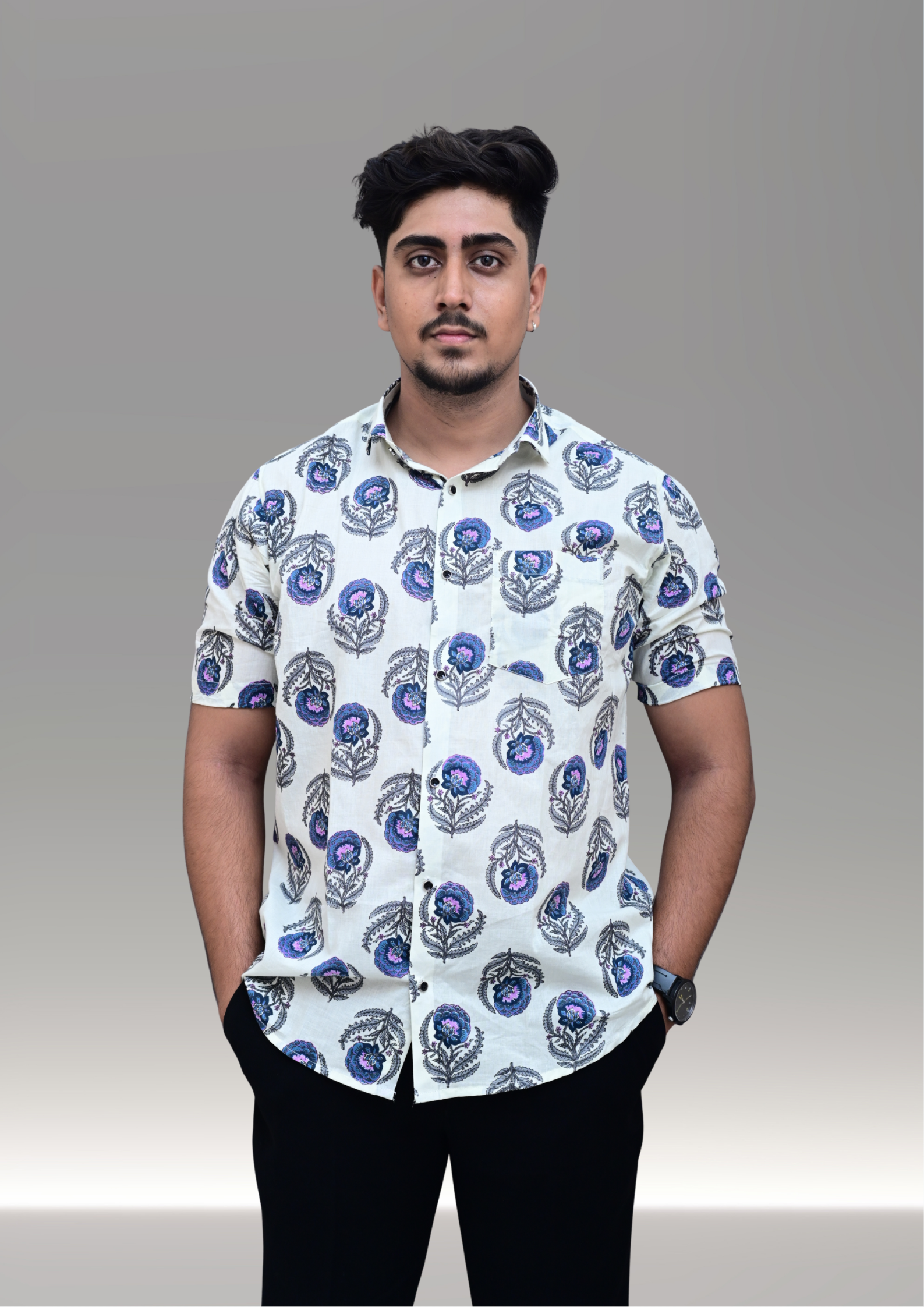 Men’s White Paisley Floral Printed Casual Shirt – Premium Relaxed Fit Half Sleeve