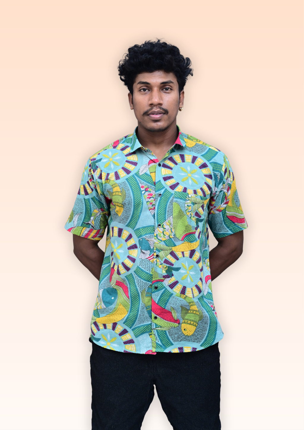 Men’s Aqua Blue Abstract Printed Casual Shirt – Premium Relaxed Fit Half Sleeve