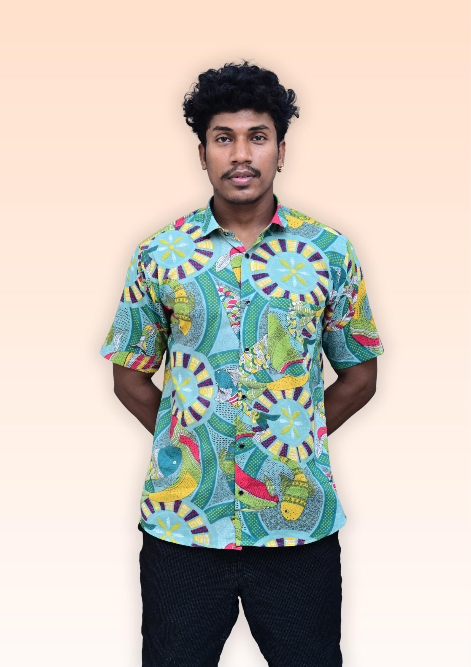 Men’s Aqua Blue Abstract Printed Casual Shirt – Premium Relaxed Fit Half Sleeve