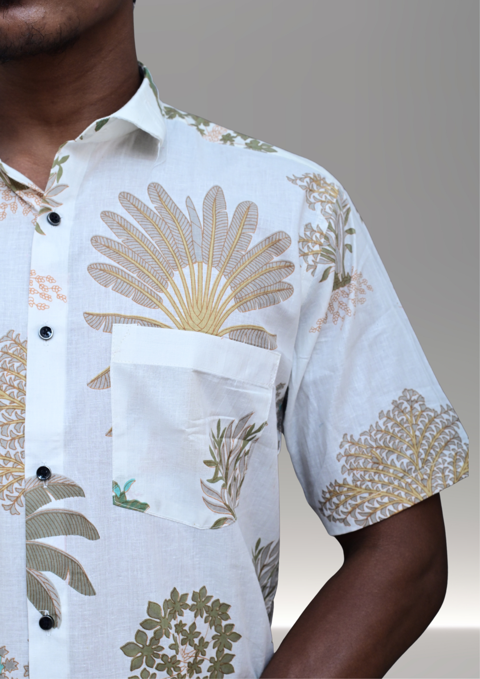 Men’s White Tropical Palm Printed Casual Shirt – Premium Resort Fit Half Sleeve