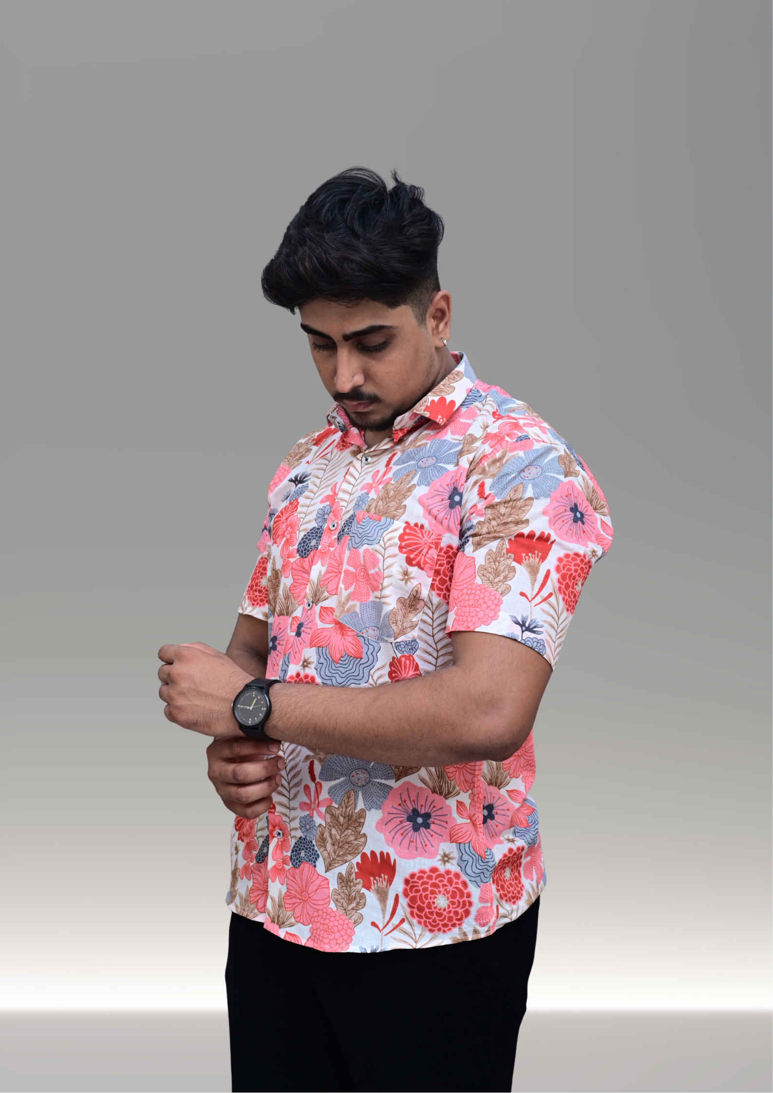 Men’s Coral Floral Printed Casual Shirt – Premium Summer Relaxed Fit Half Sleeve
